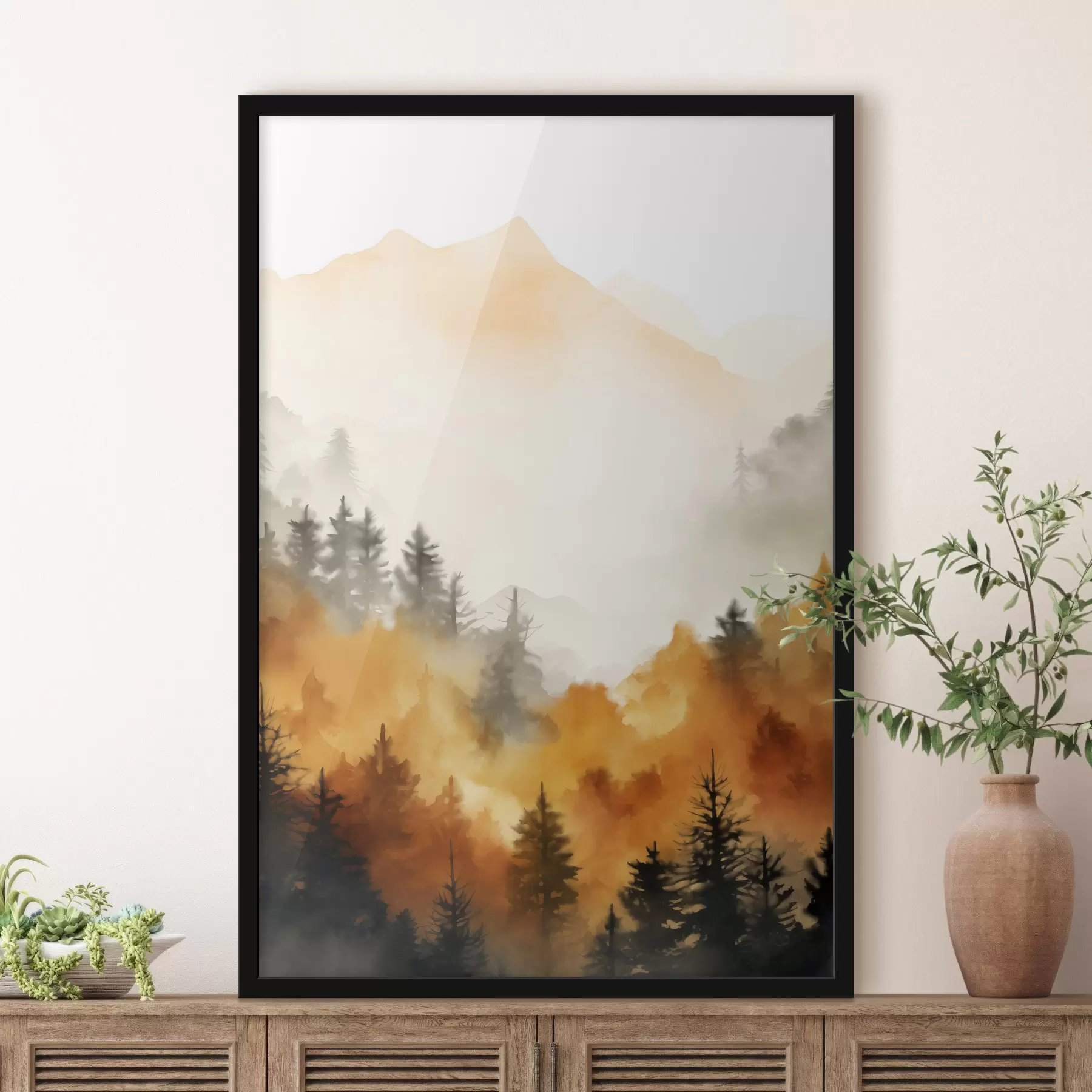 Fototapete Eine Landschaft Aquarell Malerei Nachahmung eines Waldes mit hohen Kiefern und Berge im Hintergrund f45169