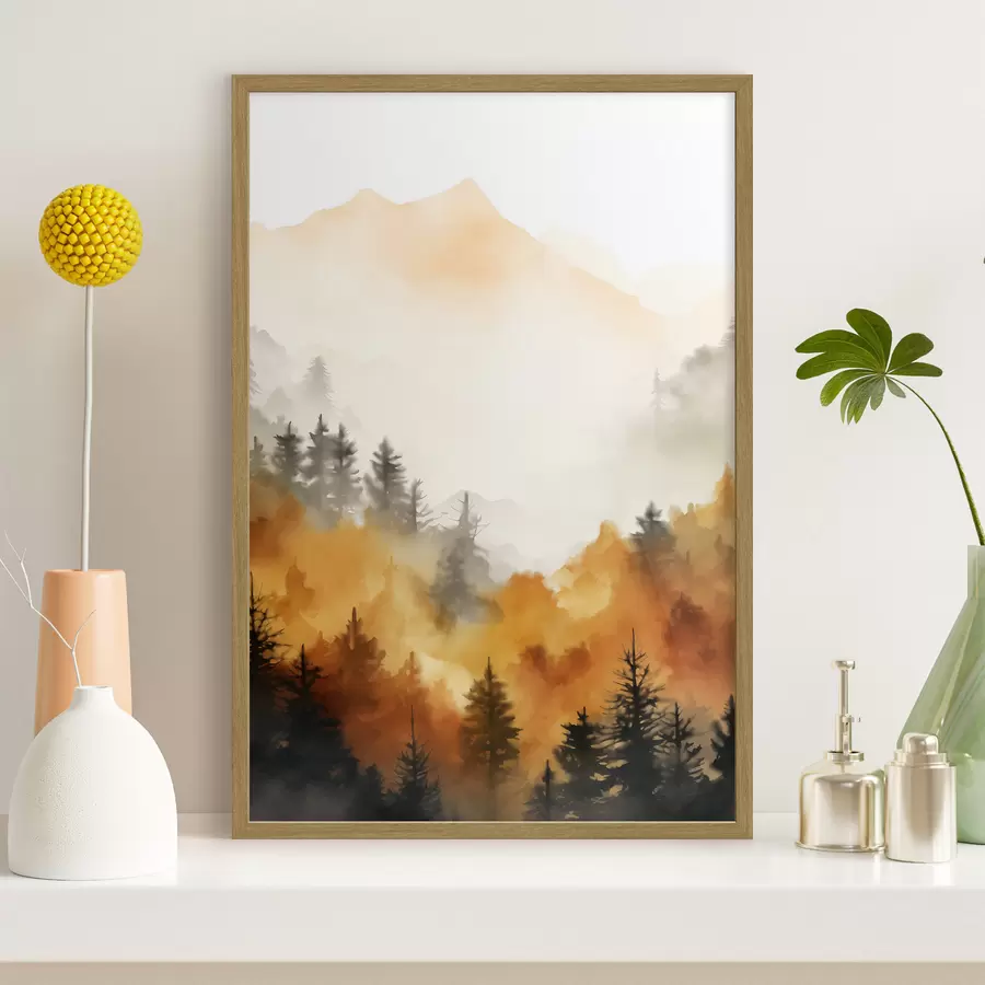 Fototapete Eine Landschaft Aquarell Malerei Nachahmung eines Waldes mit hohen Kiefern und Berge im Hintergrund f45169