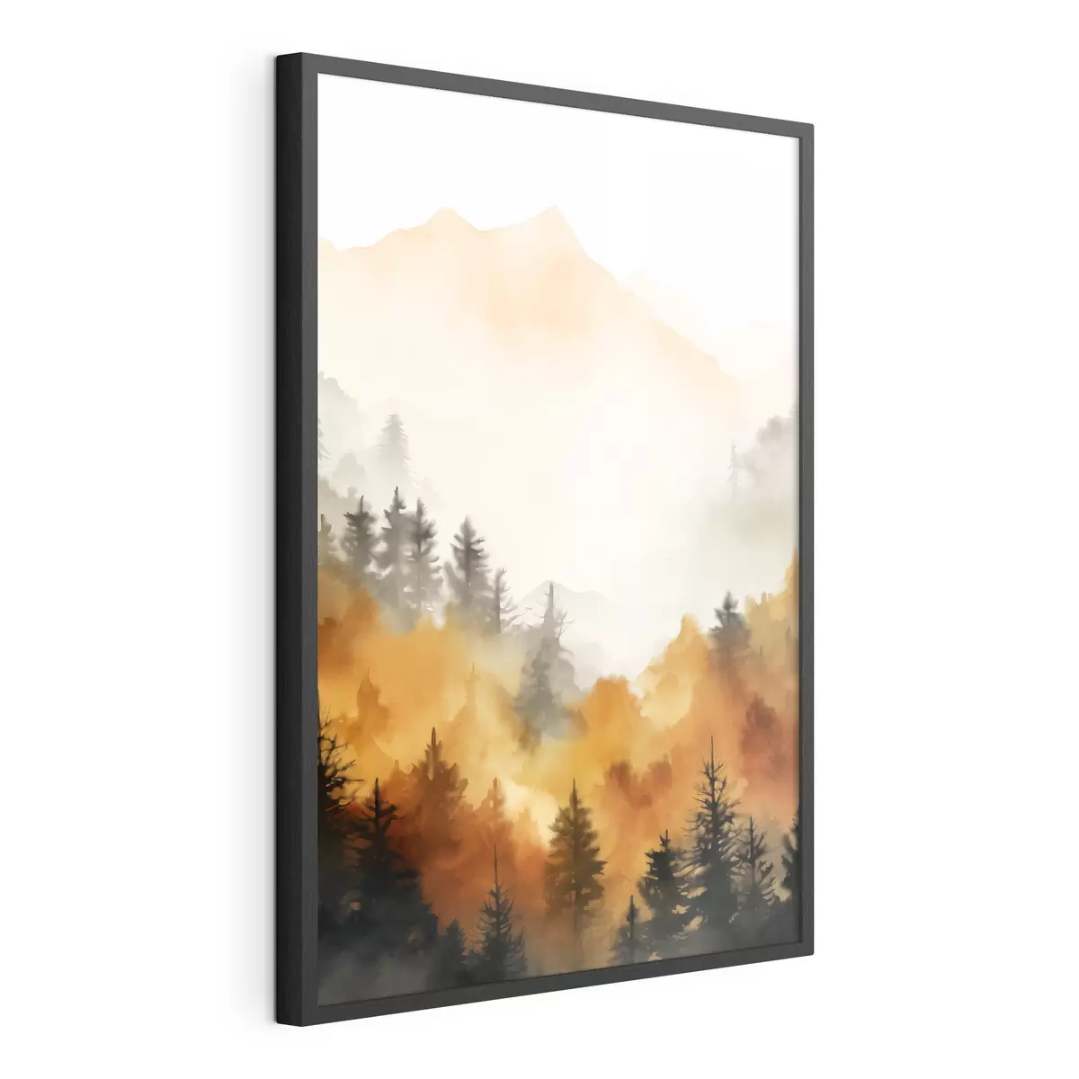 Poster Eine Landschaft Aquarell Malerei Nachahmung eines Waldes mit hohen Kiefern und Berge im Hintergrund f45169