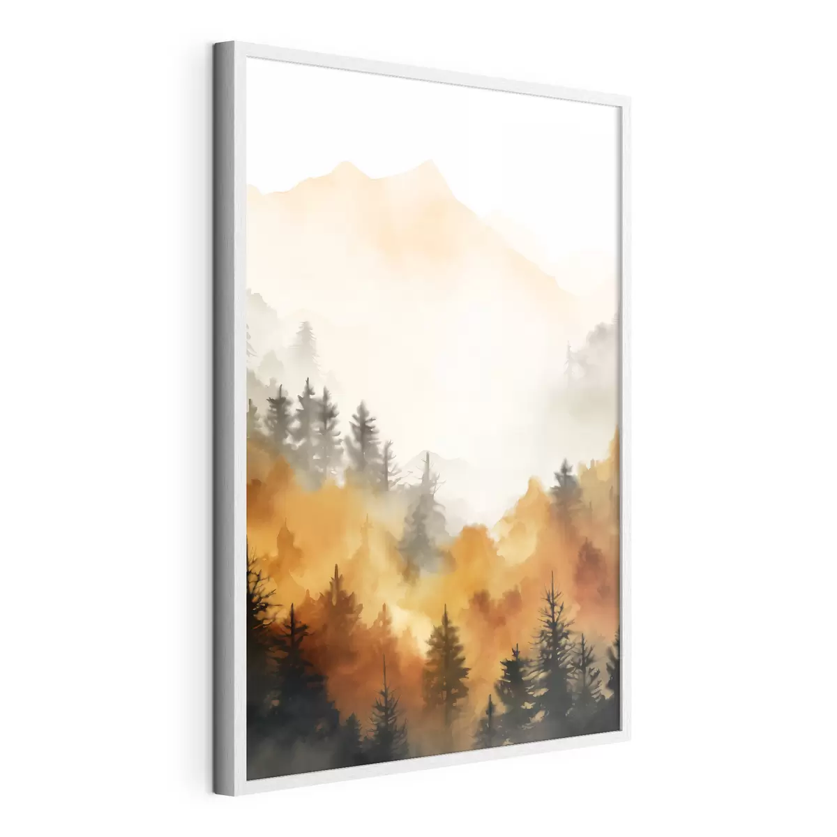 Poster Eine Landschaft Aquarell Malerei Nachahmung eines Waldes mit hohen Kiefern und Berge im Hintergrund f45169