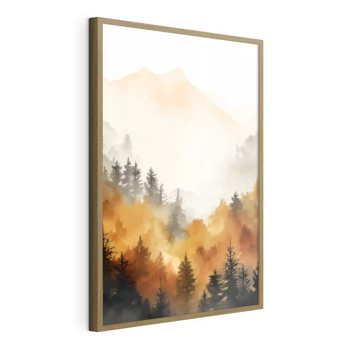 Poster Eine Landschaft Aquarell Malerei Nachahmung eines Waldes mit hohen Kiefern und Berge im Hintergrund f45169
