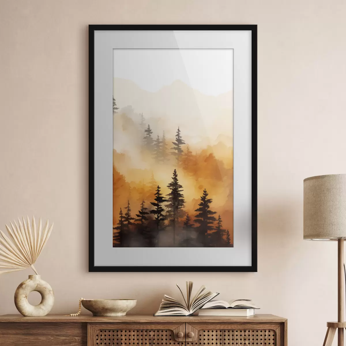 Poster Eine Landschaft Aquarell Malerei Nachahmung eines Waldes mit hohen Kiefern und Berge im Hintergrund f45170
