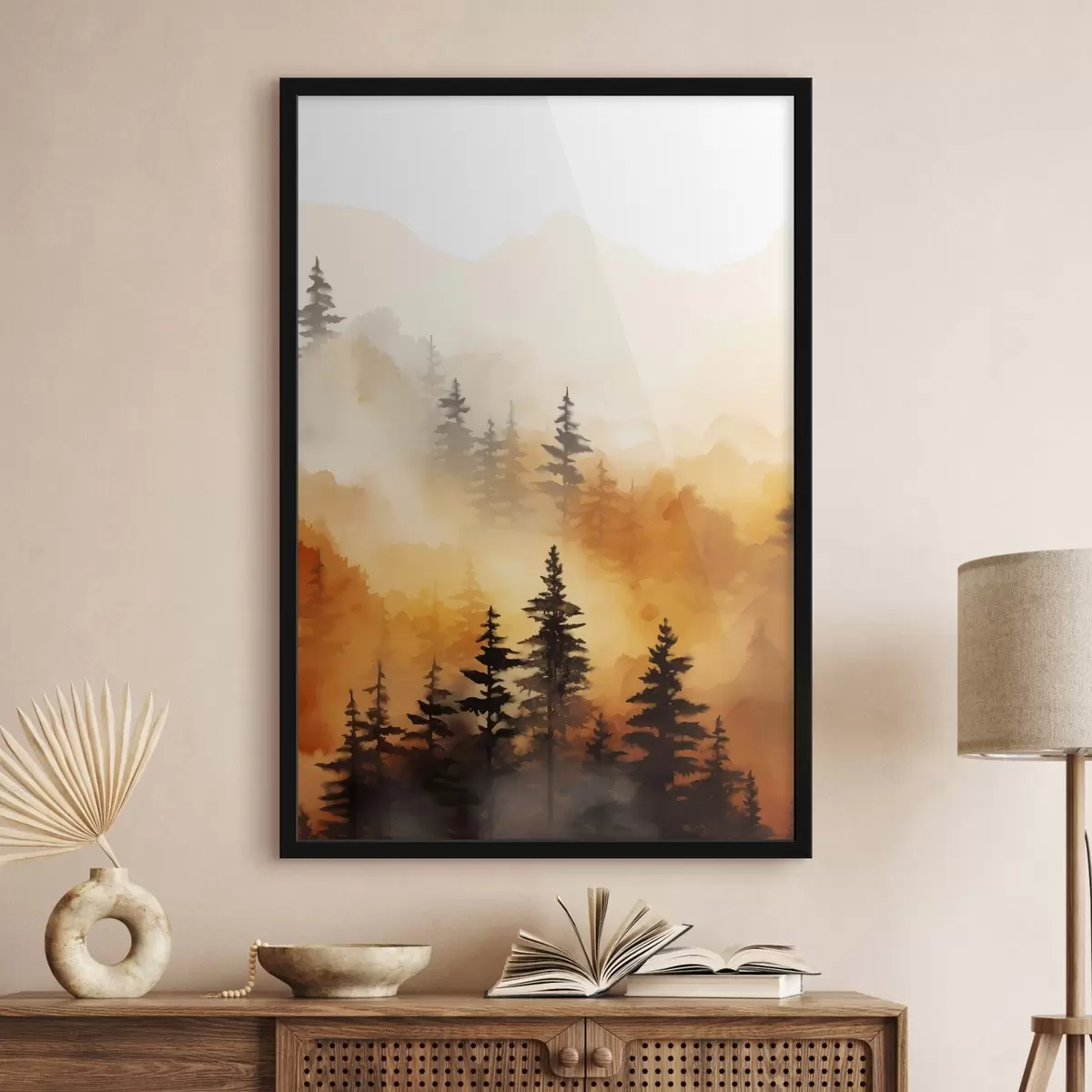 Poster Eine Landschaft Aquarell Malerei Nachahmung eines Waldes mit hohen Kiefern und Berge im Hintergrund f45170