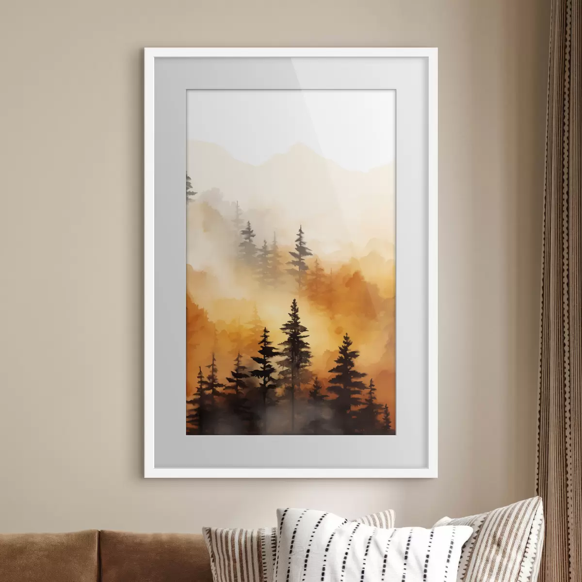 Poster Eine Landschaft Aquarell Malerei Nachahmung eines Waldes mit hohen Kiefern und Berge im Hintergrund f45170