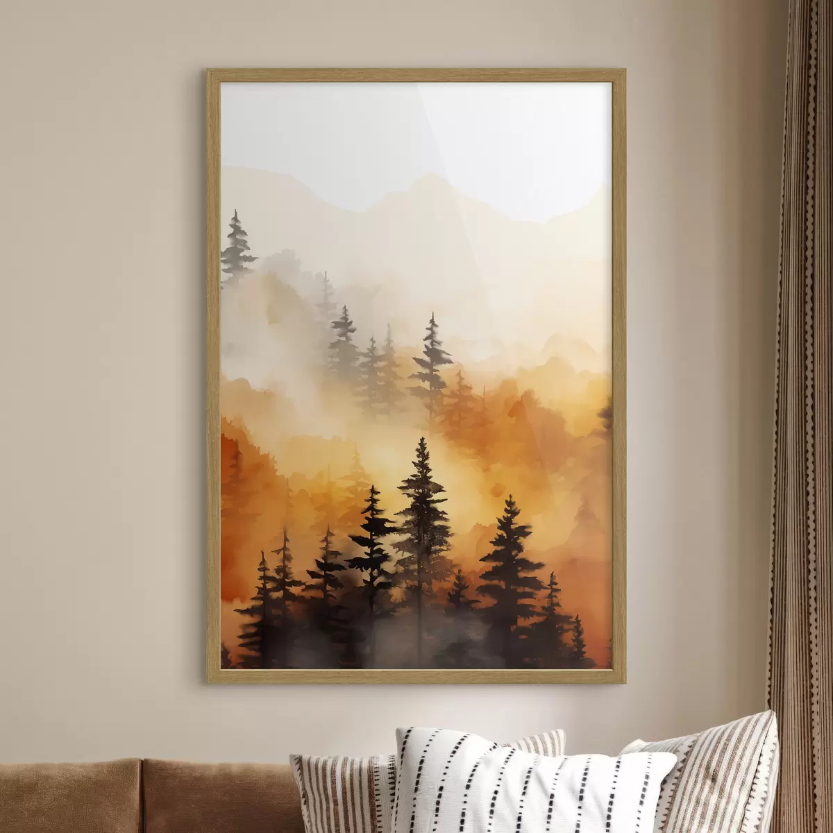 Poster Eine Landschaft Aquarell Malerei Nachahmung eines Waldes mit hohen Kiefern und Berge im Hintergrund f45170