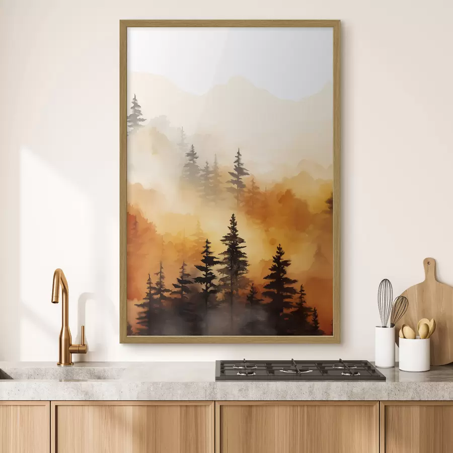 Fototapete Eine Landschaft Aquarell Malerei Nachahmung eines Waldes mit hohen Kiefern und Berge im Hintergrund f45170