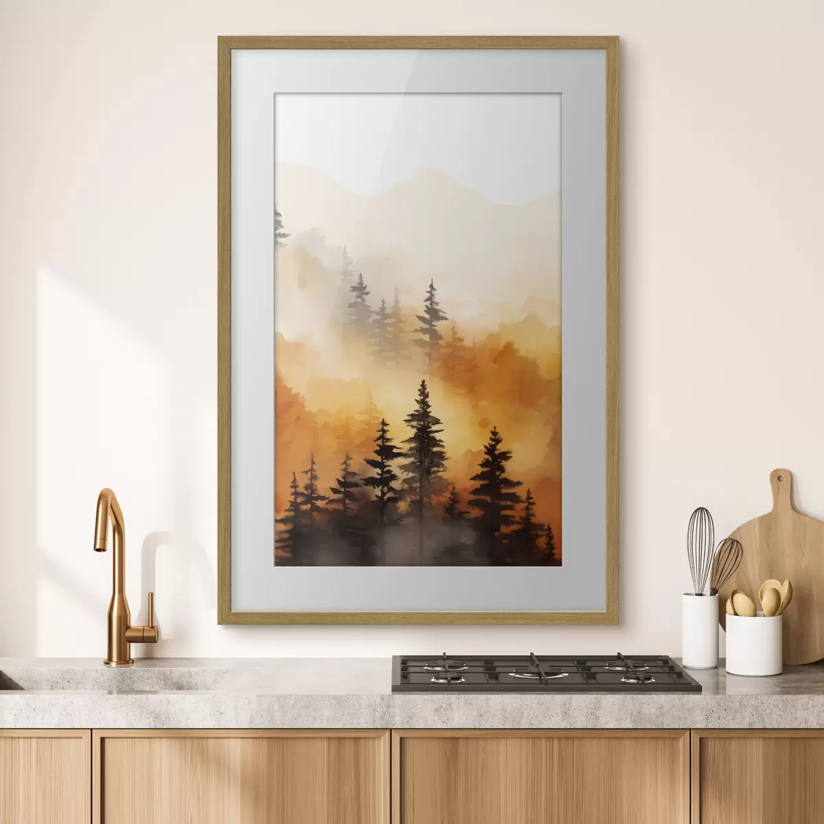 Poster Eine Landschaft Aquarell Malerei Nachahmung eines Waldes mit hohen Kiefern und Berge im Hintergrund f45170