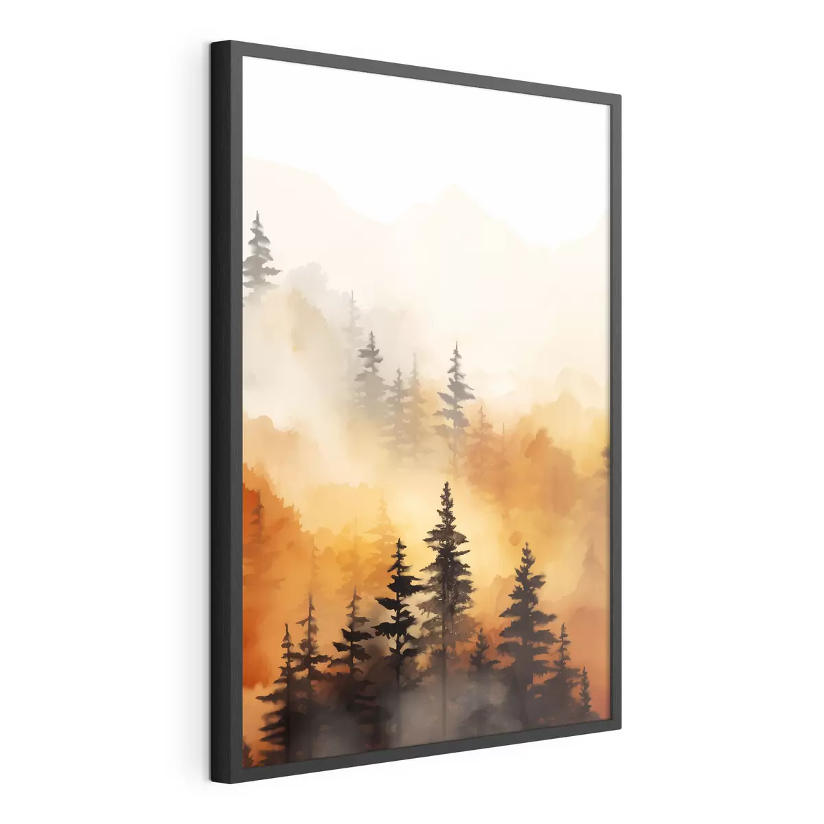 Poster Eine Landschaft Aquarell Malerei Nachahmung eines Waldes mit hohen Kiefern und Berge im Hintergrund f45170