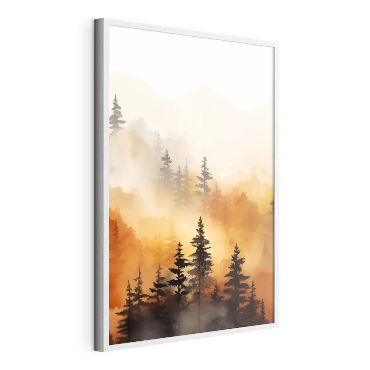 Poster Eine Landschaft Aquarell Malerei Nachahmung eines Waldes mit hohen Kiefern und Berge im Hintergrund f45170
