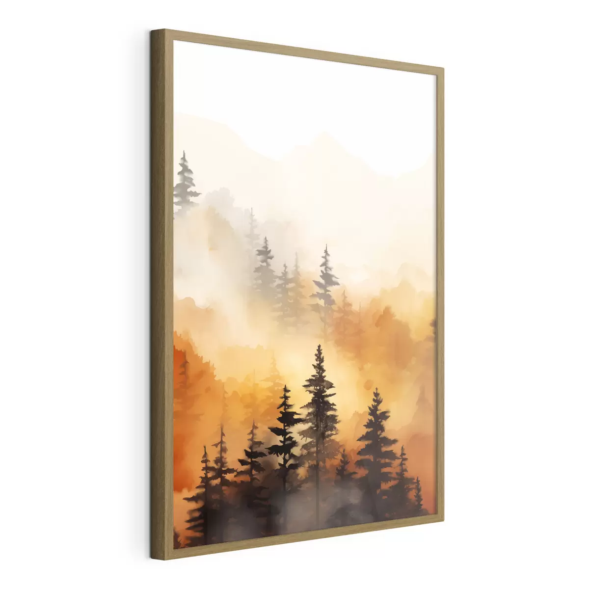 Poster Eine Landschaft Aquarell Malerei Nachahmung eines Waldes mit hohen Kiefern und Berge im Hintergrund f45170
