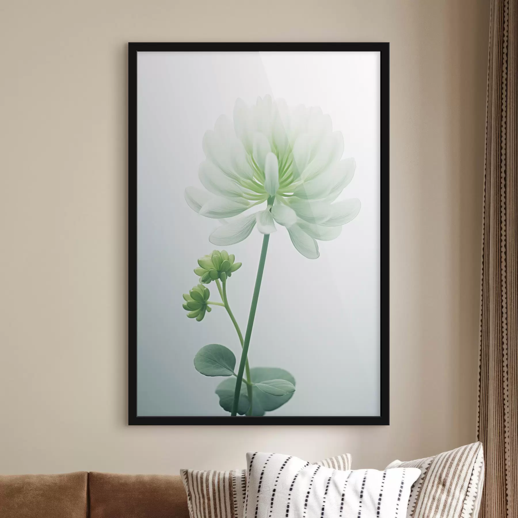 Fototapete Weißer Klee Blume mit grünen Stiel und Blätter, weiche Beleuchtung, sauberen Hintergrund, minimalistische Komposition, botanische f45171