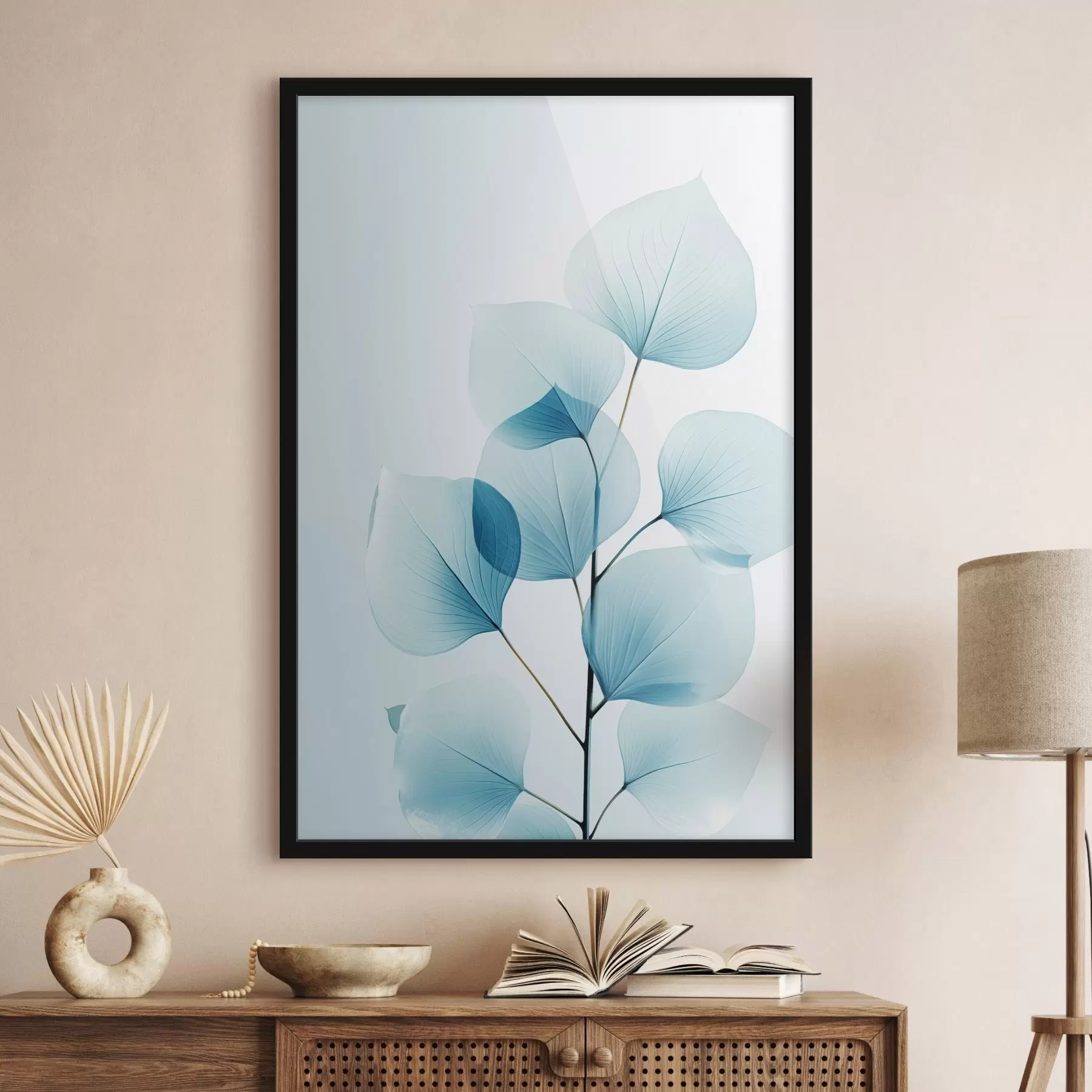 Fototapete Zweig mit durchscheinenden blauen Blättern, zarte Adern sichtbar, leichte und ruhige Komposition, minimalistische Ästhetik f45175