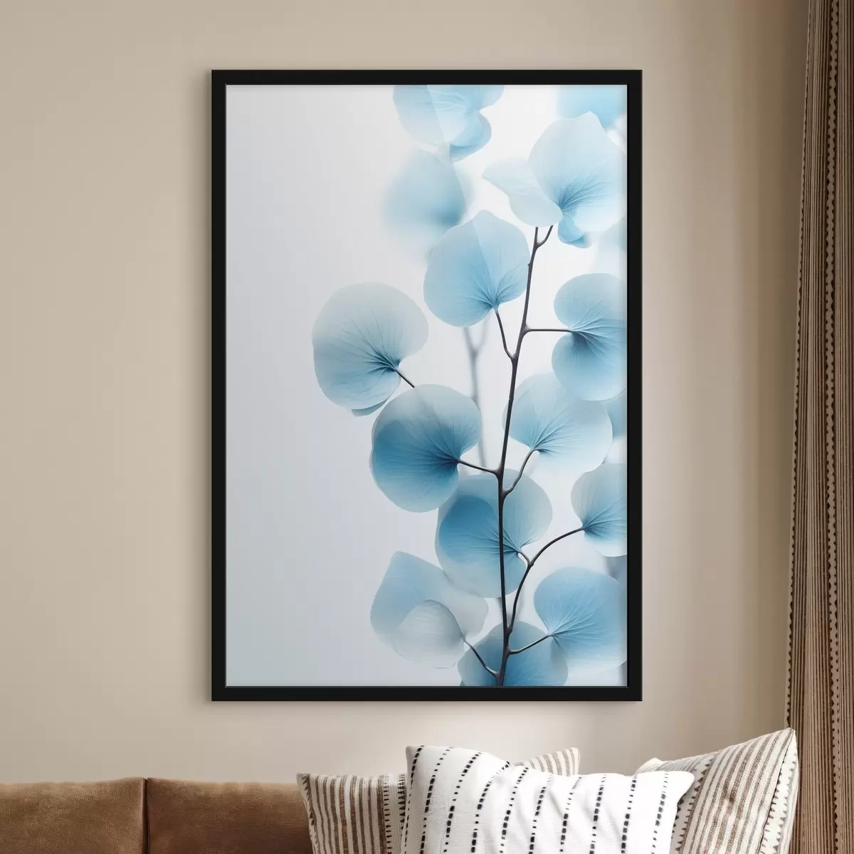 Poster Zweig mit durchscheinenden blauen Blättern, zarte Adern sichtbar, leichte und ruhige Komposition, minimalistische Ästhetik f45176