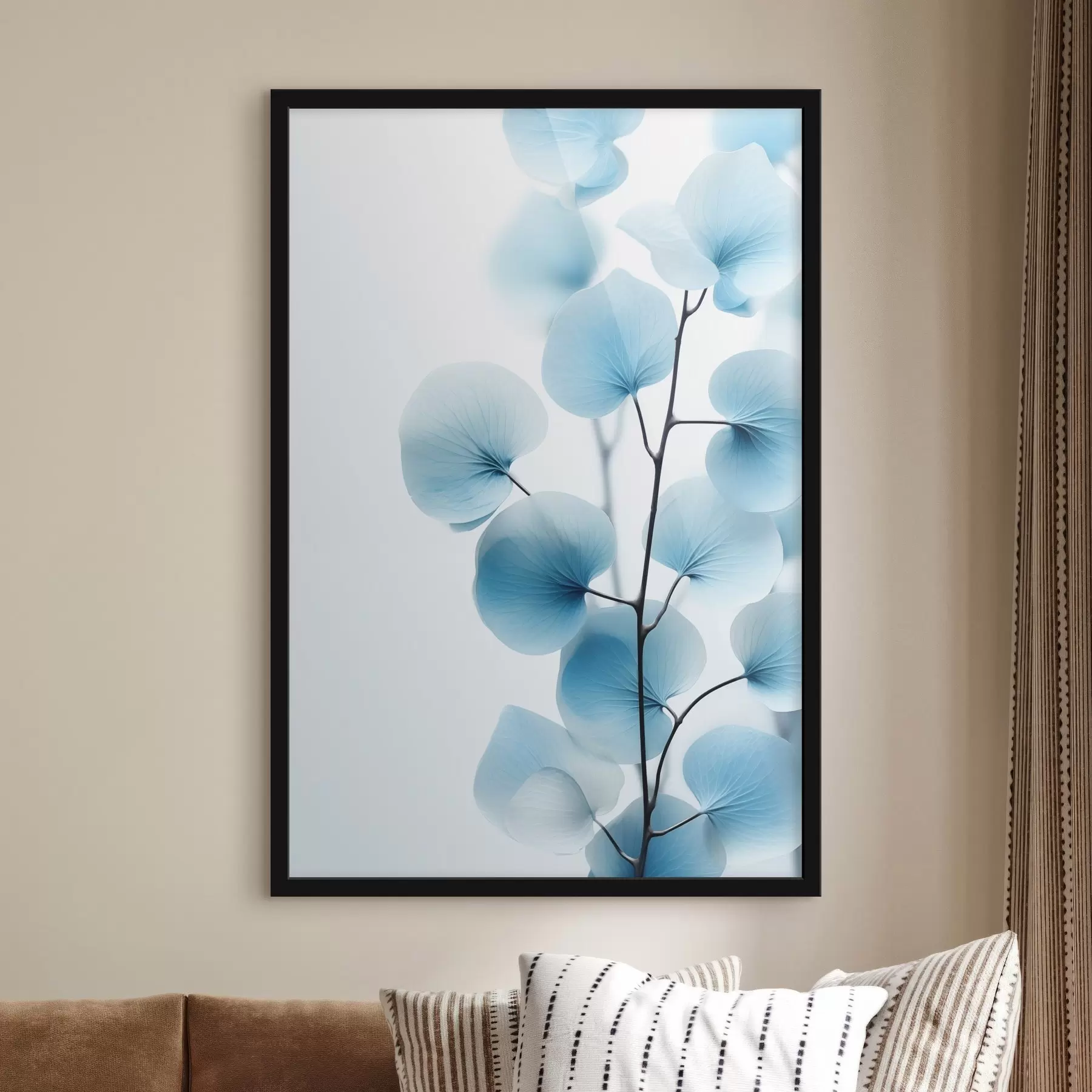 Fototapete Zweig mit durchscheinenden blauen Blättern, zarte Adern sichtbar, leichte und ruhige Komposition, minimalistische Ästhetik f45176