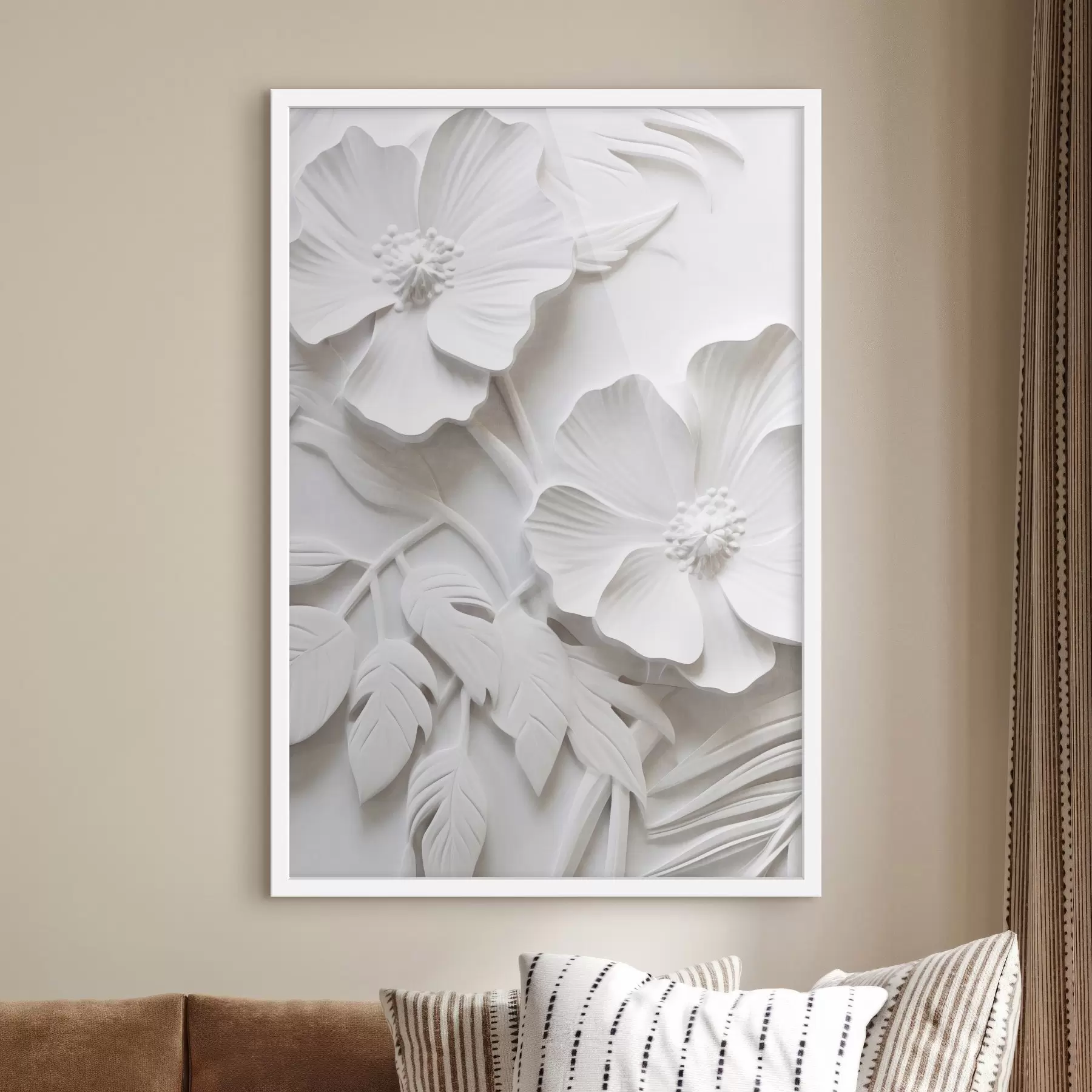 Fototapete Dekorative minimalistische weiße Blumen mit Blättern, Relief-Imitation, weißer Hintergrund f45179