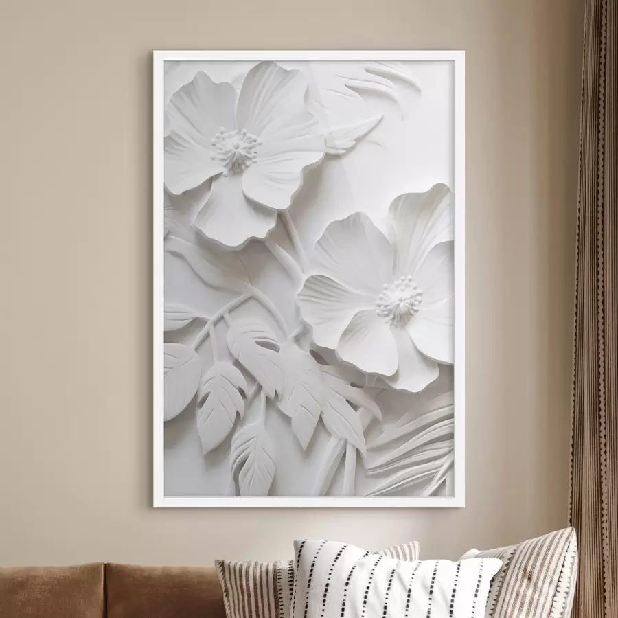 Fototapete Dekorative minimalistische weiße Blumen mit Blättern, Relief-Imitation, weißer Hintergrund f45179