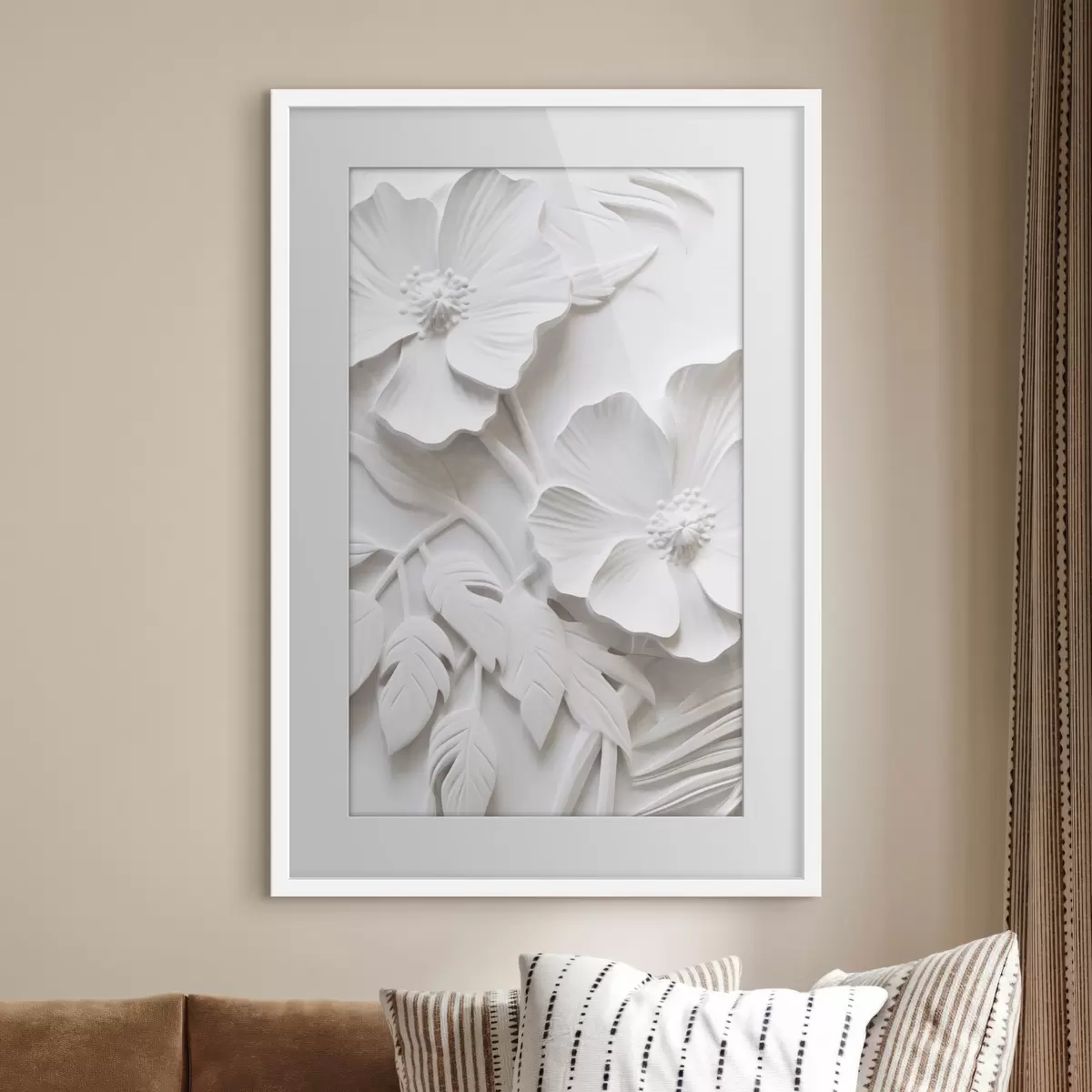 Poster Dekorative minimalistische weiße Blumen mit Blättern, Relief-Imitation, weißer Hintergrund f45179