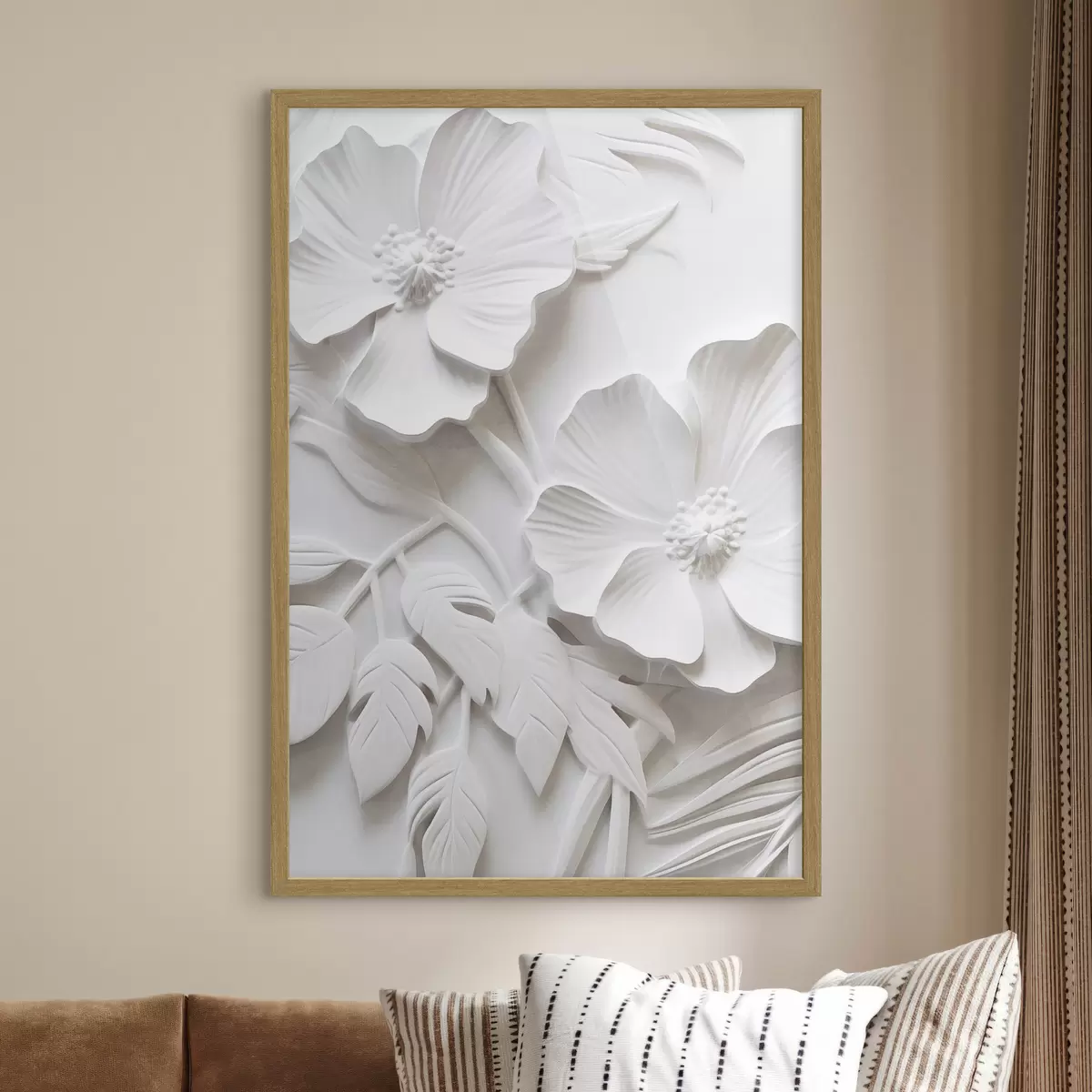 Poster Dekorative minimalistische weiße Blumen mit Blättern, Relief-Imitation, weißer Hintergrund f45179