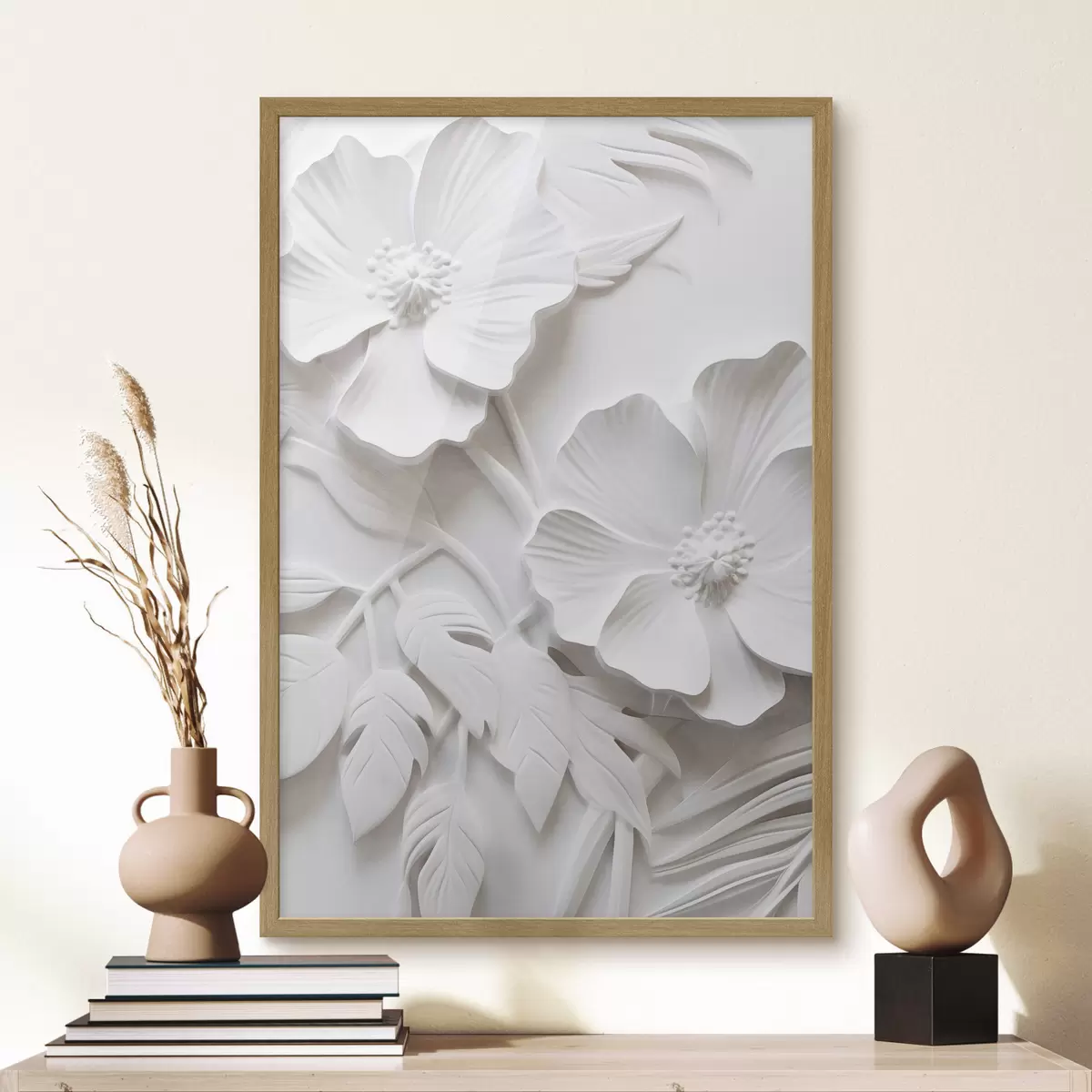 Poster Dekorative minimalistische weiße Blumen mit Blättern, Relief-Imitation, weißer Hintergrund f45179