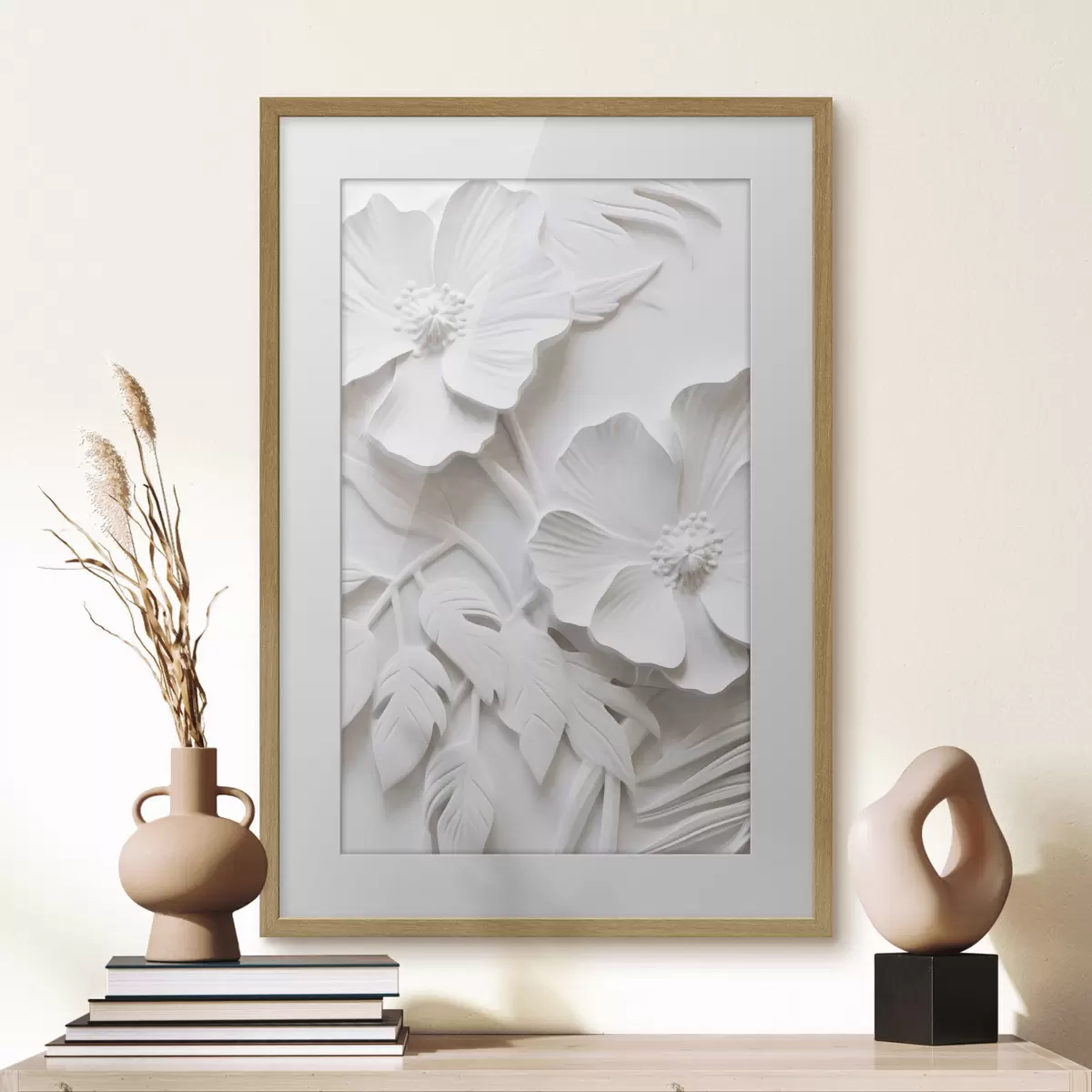 Poster Dekorative minimalistische weiße Blumen mit Blättern, Relief-Imitation, weißer Hintergrund f45179