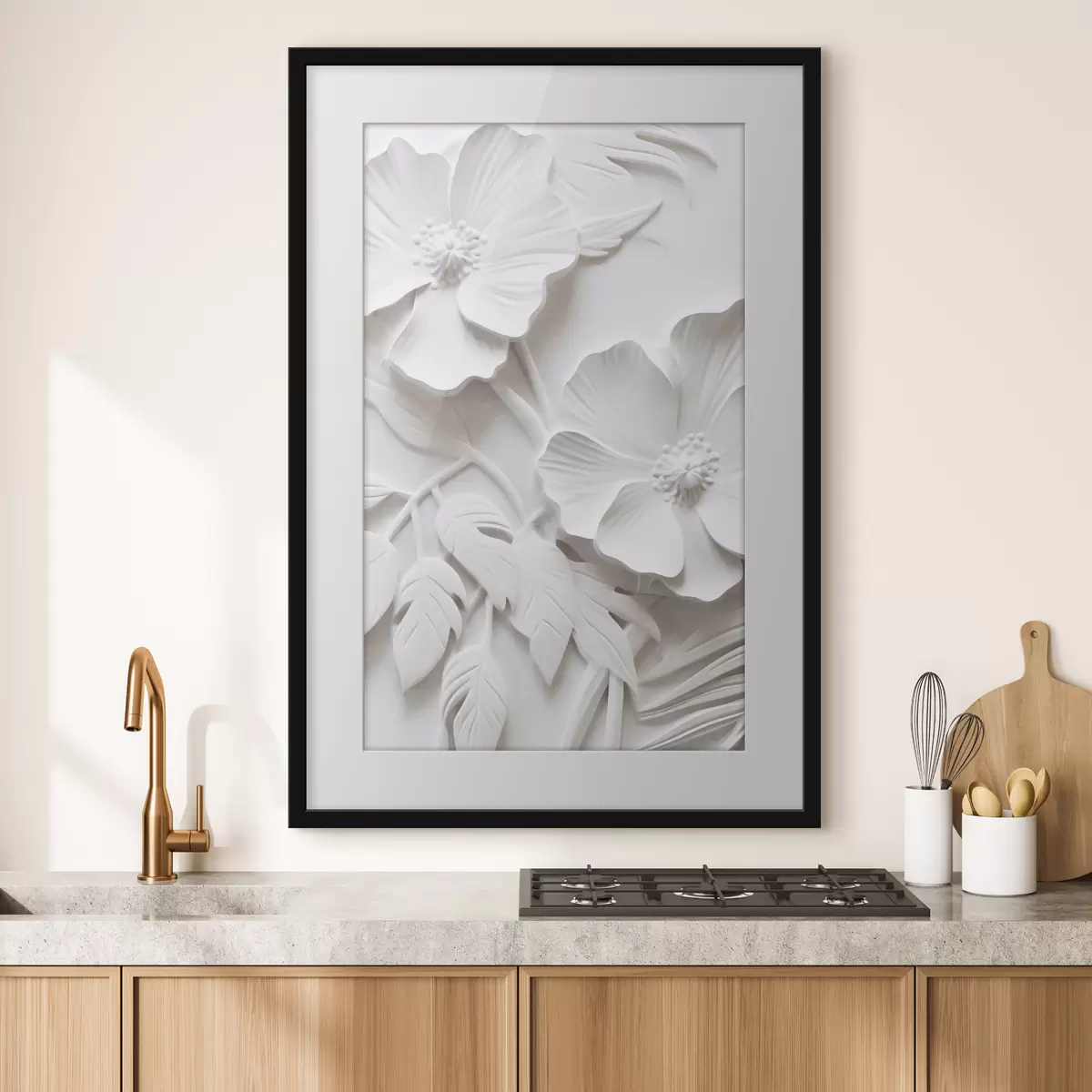 Poster Dekorative minimalistische weiße Blumen mit Blättern, Relief-Imitation, weißer Hintergrund f45179