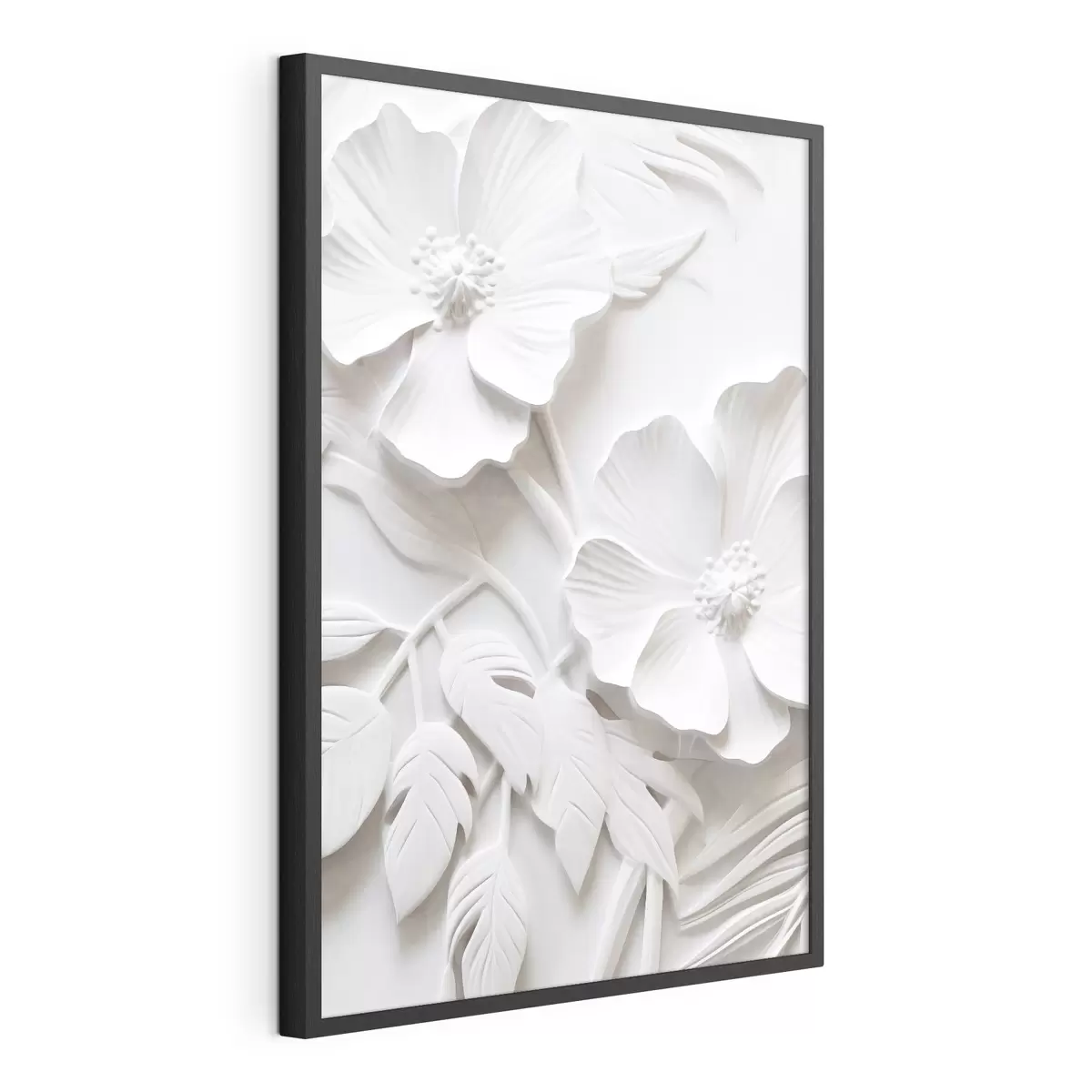 Poster Dekorative minimalistische weiße Blumen mit Blättern, Relief-Imitation, weißer Hintergrund f45179