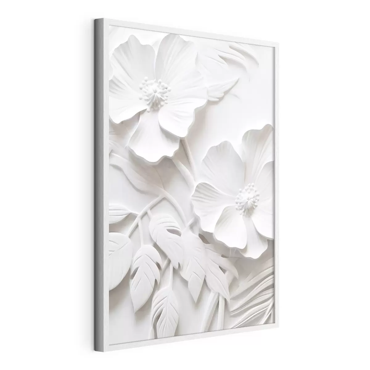 Poster Dekorative minimalistische weiße Blumen mit Blättern, Relief-Imitation, weißer Hintergrund f45179