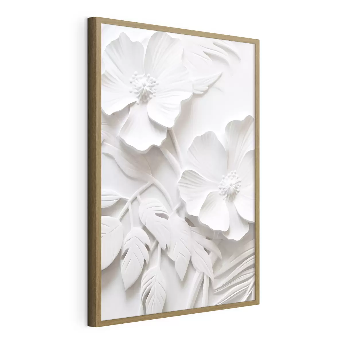Poster Dekorative minimalistische weiße Blumen mit Blättern, Relief-Imitation, weißer Hintergrund f45179
