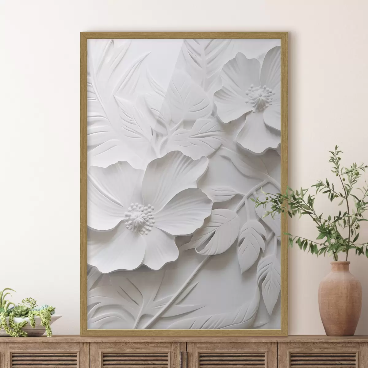 Poster Dekorative minimalistische weiße Blumen mit Blättern, Relief-Imitation, weißer Hintergrund f45180