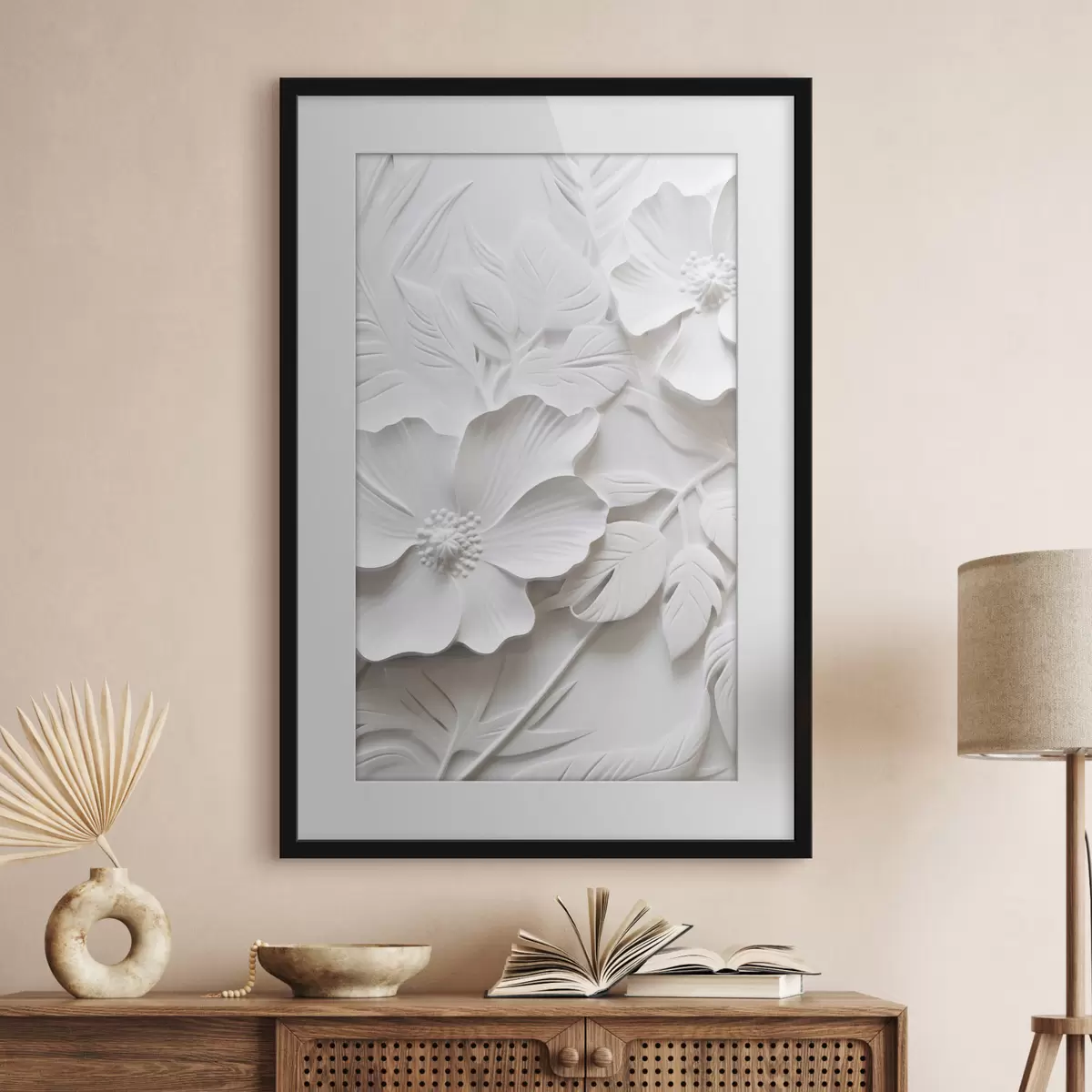 Poster Dekorative minimalistische weiße Blumen mit Blättern, Relief-Imitation, weißer Hintergrund f45180