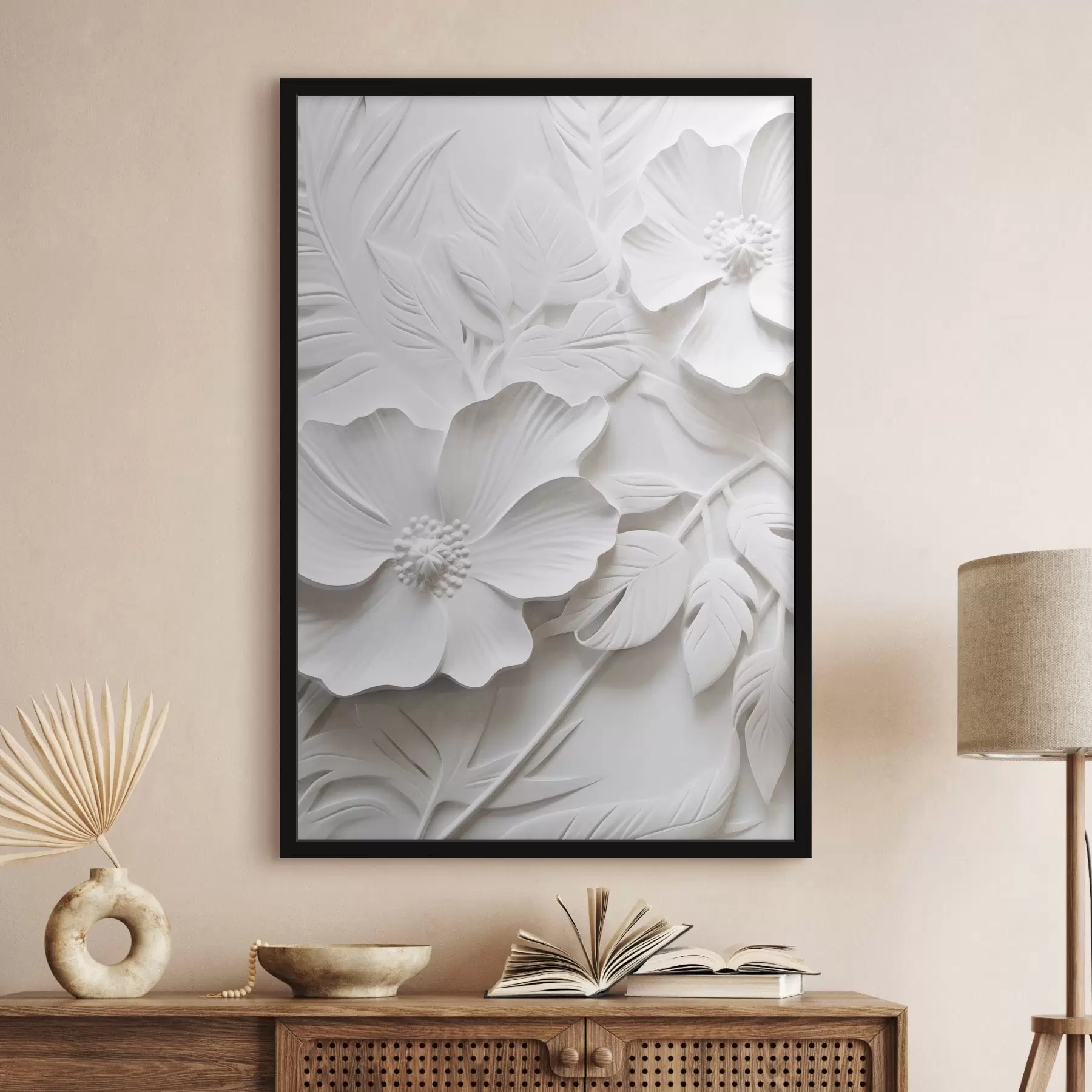 Fototapete Dekorative minimalistische weiße Blumen mit Blättern, Relief-Imitation, weißer Hintergrund f45180