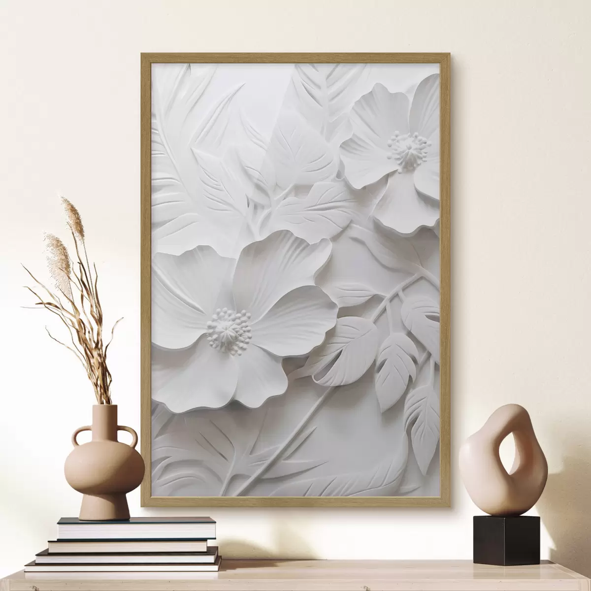 Poster Dekorative minimalistische weiße Blumen mit Blättern, Relief-Imitation, weißer Hintergrund f45180