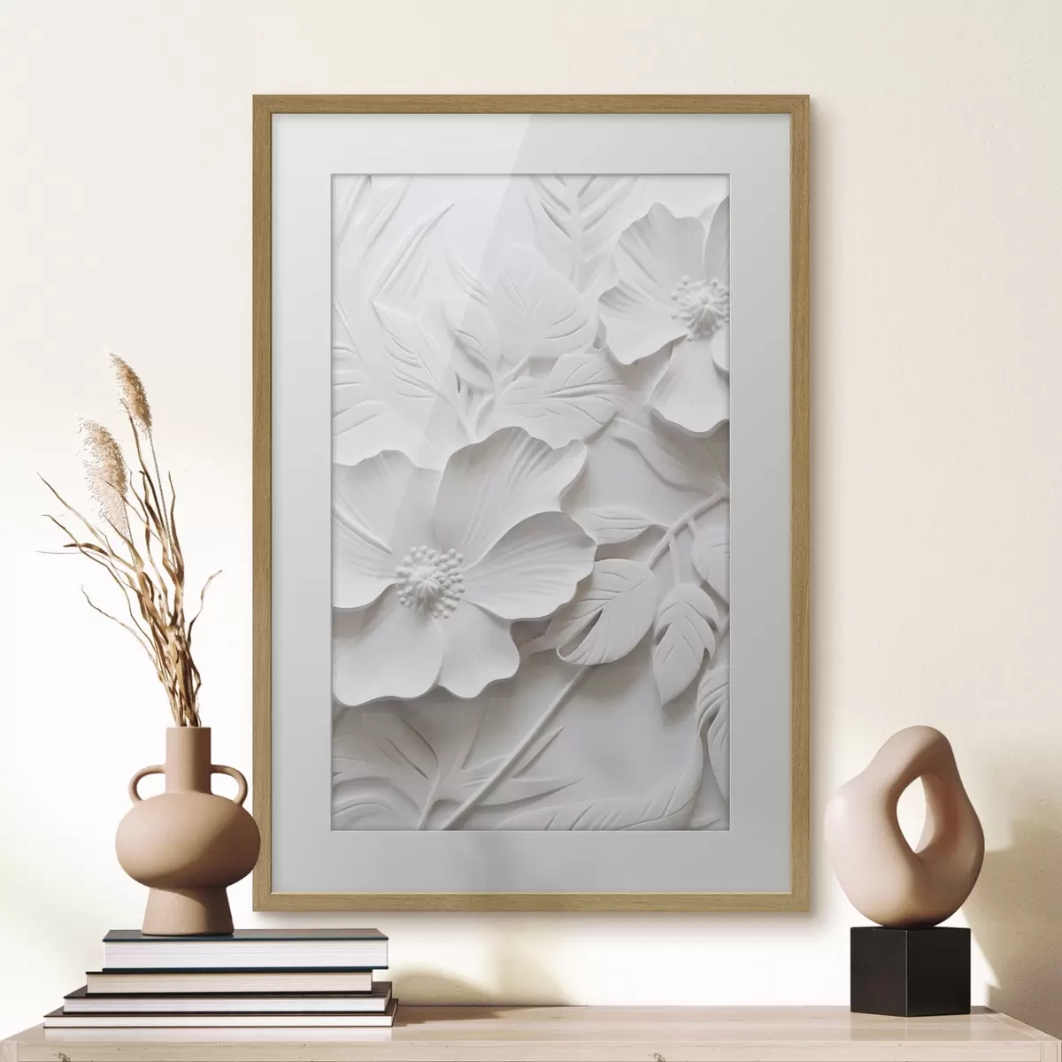 Poster Dekorative minimalistische weiße Blumen mit Blättern, Relief-Imitation, weißer Hintergrund f45180
