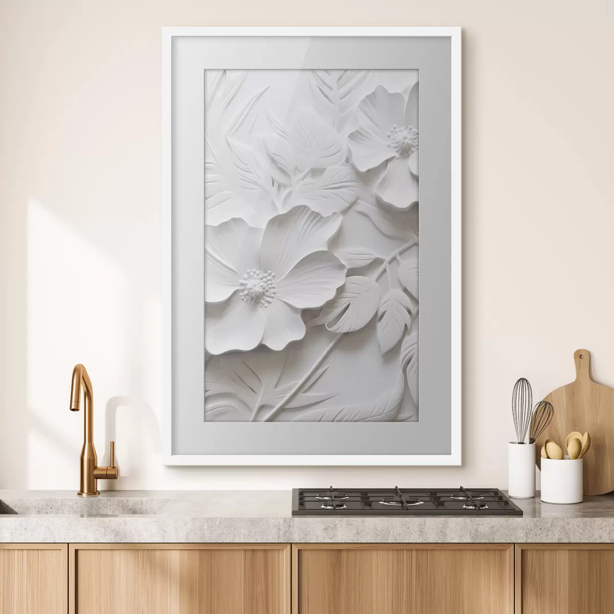 Poster Dekorative minimalistische weiße Blumen mit Blättern, Relief-Imitation, weißer Hintergrund f45180