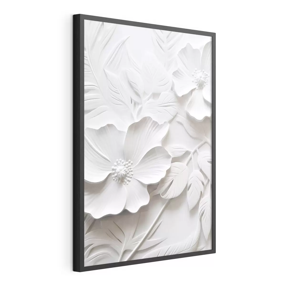 Poster Dekorative minimalistische weiße Blumen mit Blättern, Relief-Imitation, weißer Hintergrund f45180
