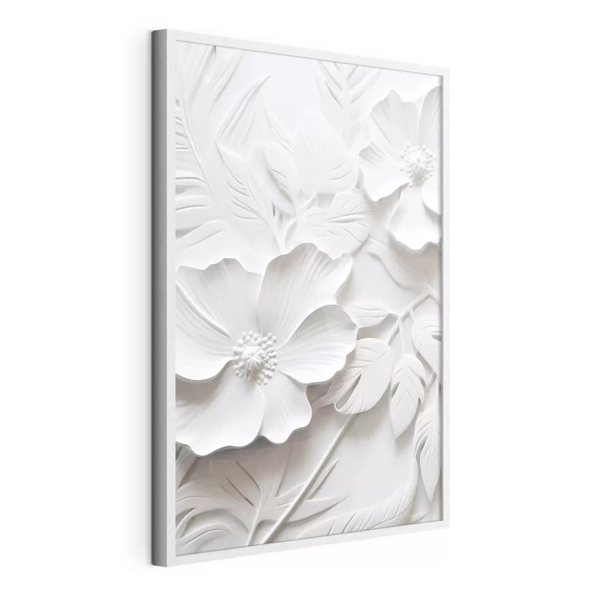 Poster Dekorative minimalistische weiße Blumen mit Blättern, Relief-Imitation, weißer Hintergrund f45180