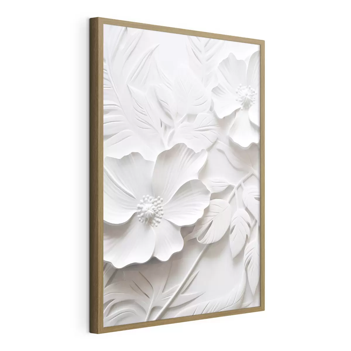 Poster Dekorative minimalistische weiße Blumen mit Blättern, Relief-Imitation, weißer Hintergrund f45180