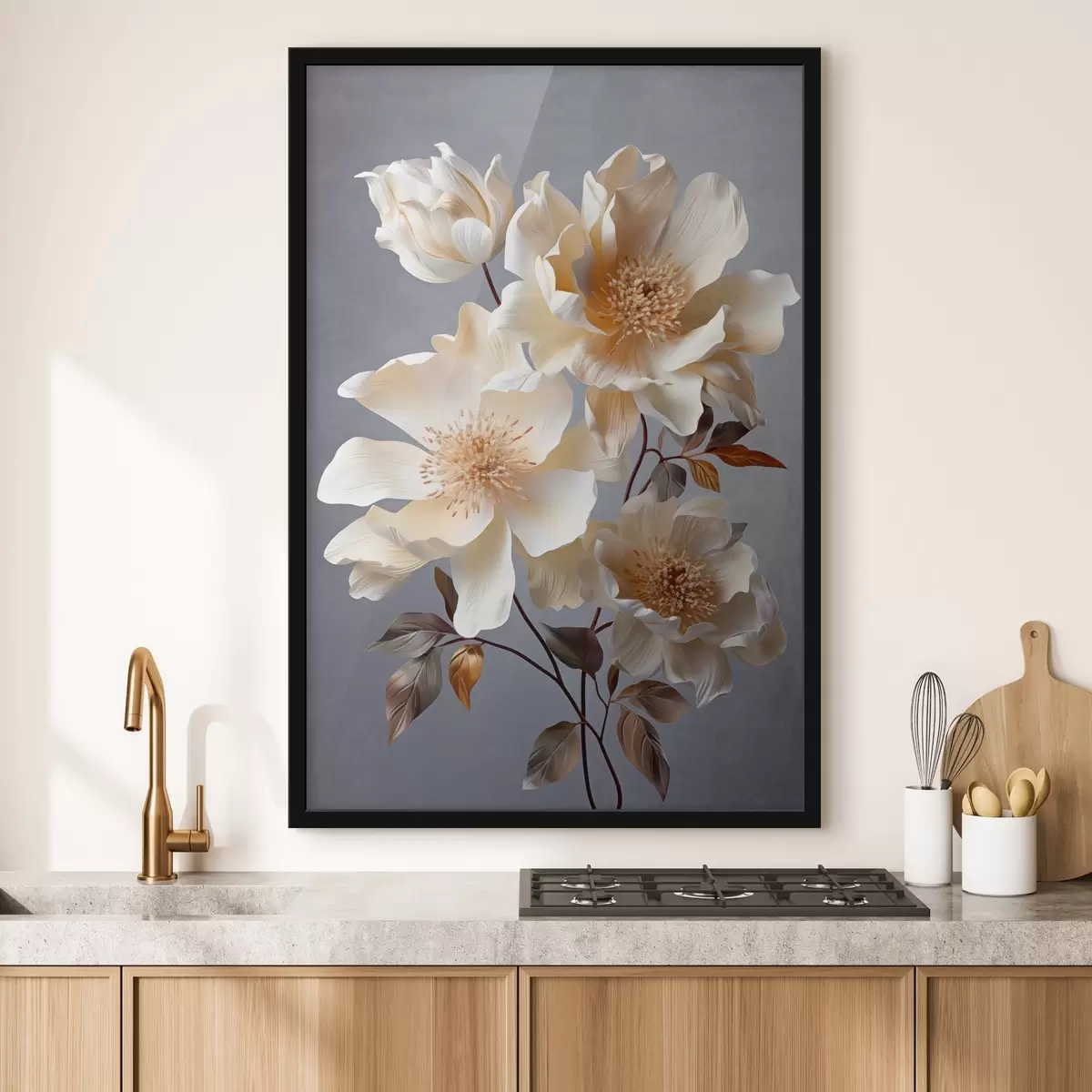 Poster Texturierte Blumen mit orangefarbenen Blütenstempeln und orangefarbenen Blättern auf grauem Hintergrund, weiches Licht, elegant, detailliert, realistisch f45181