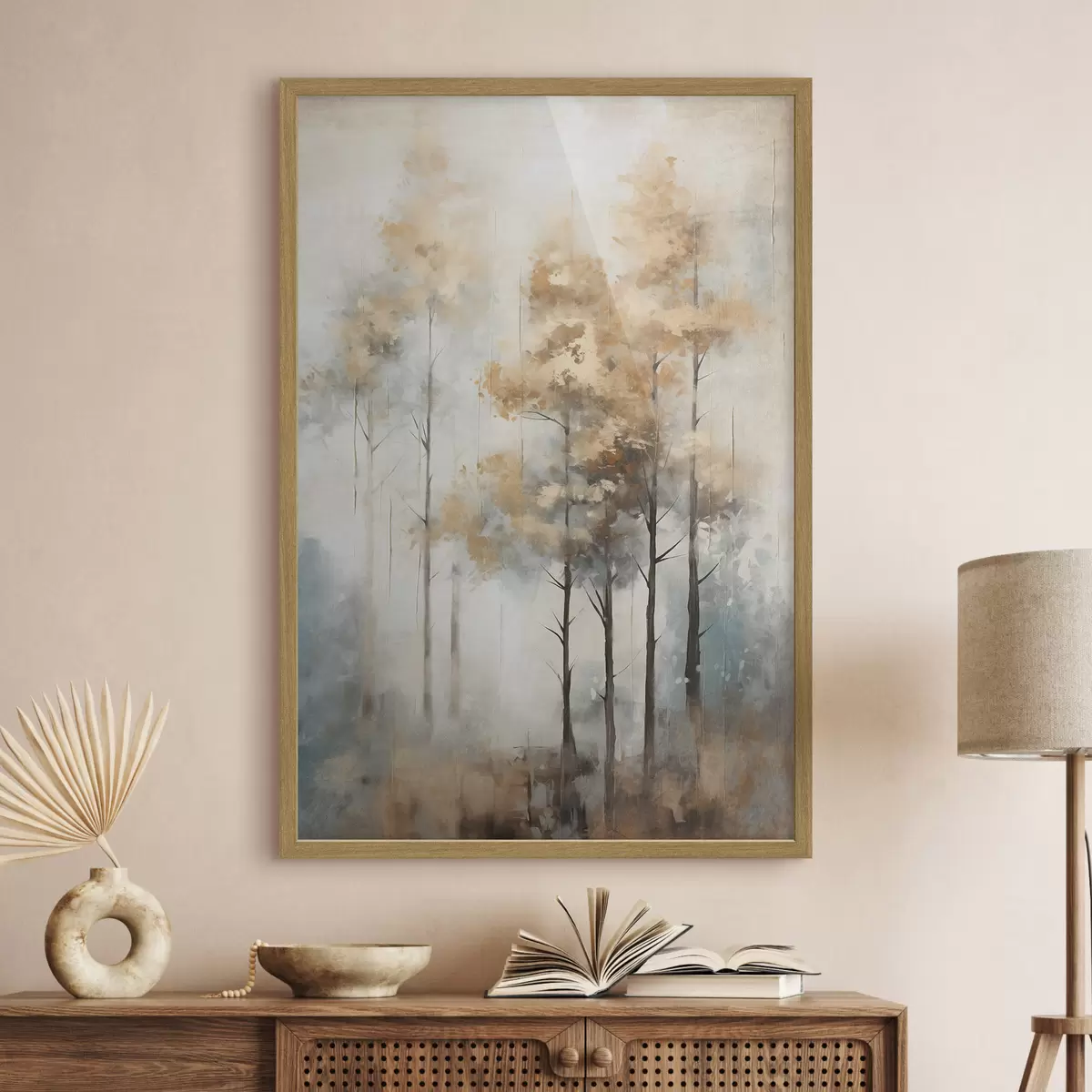 Poster Texturierte hohe Bäume mit gelben Blättern in einem Wald, der Hintergrund ist eine Mischung aus weichen Blau- und Brauntönen f45187
