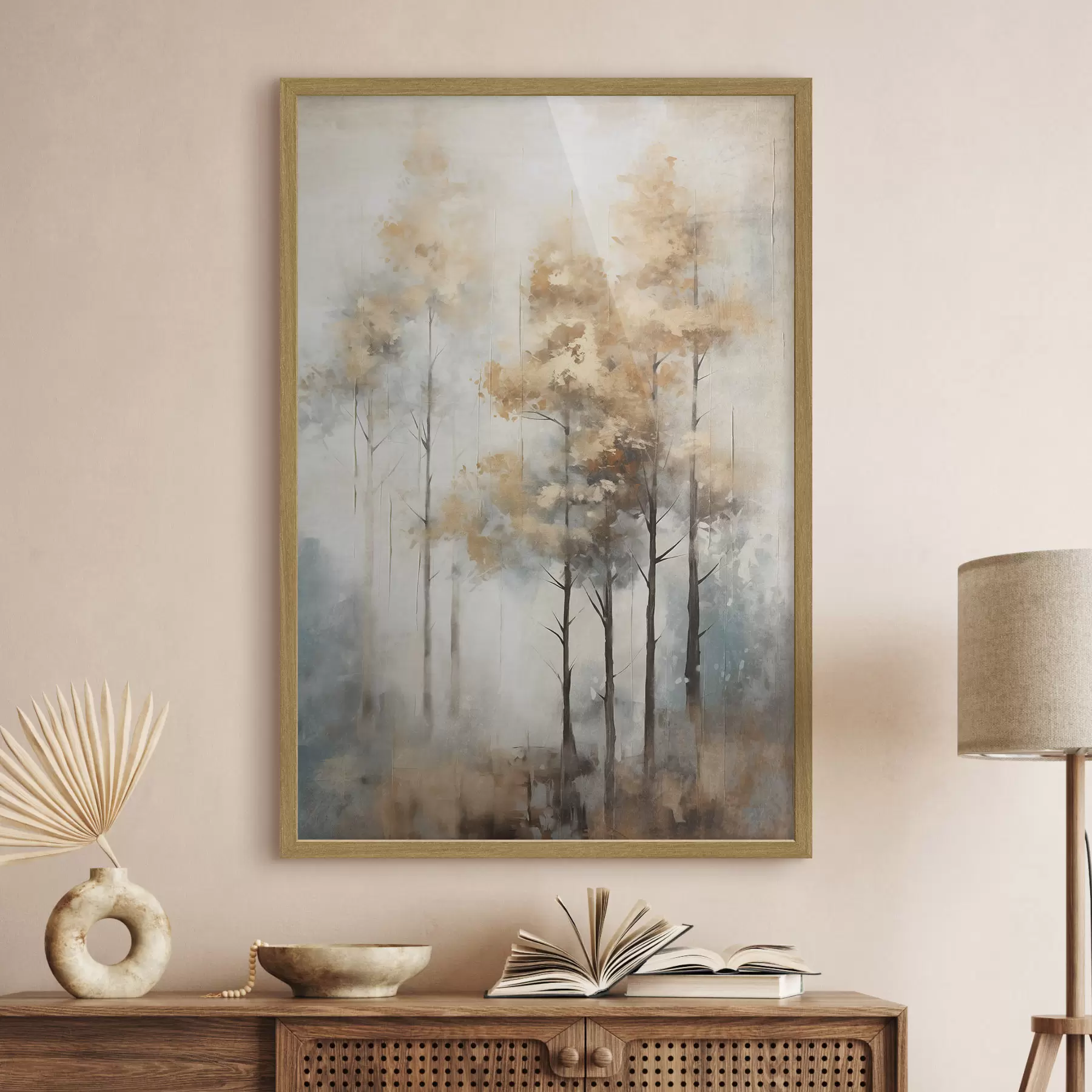 Fototapete Texturierte hohe Bäume mit gelben Blättern in einem Wald, der Hintergrund ist eine Mischung aus weichen Blau- und Brauntönen f45187