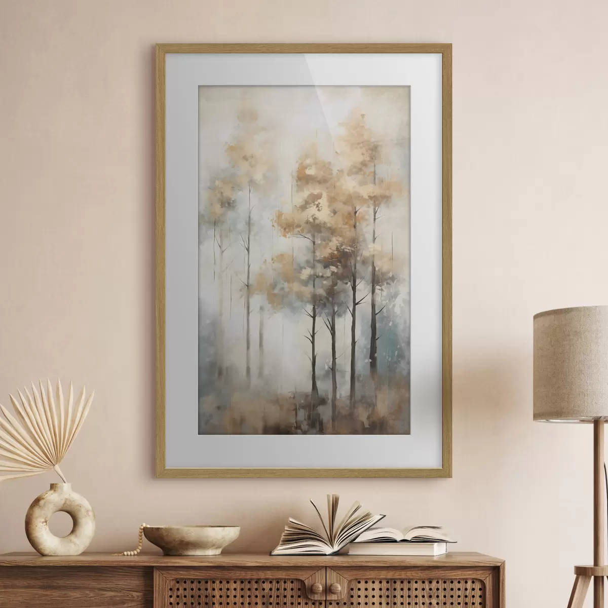 Poster Texturierte hohe Bäume mit gelben Blättern in einem Wald, der Hintergrund ist eine Mischung aus weichen Blau- und Brauntönen f45187