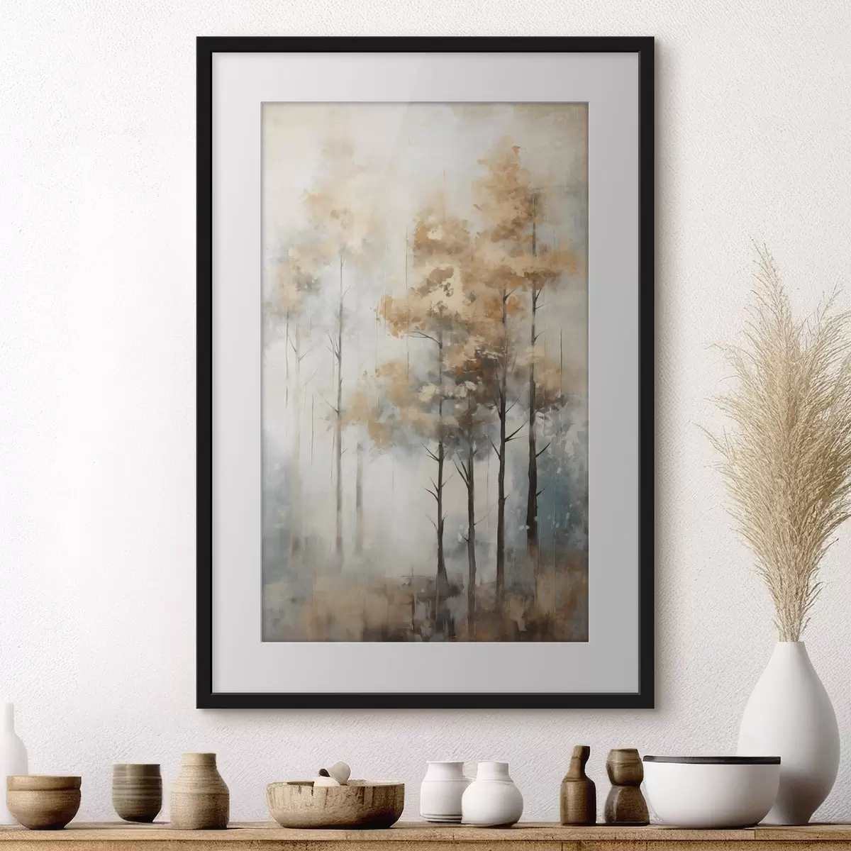 Poster Texturierte hohe Bäume mit gelben Blättern in einem Wald, der Hintergrund ist eine Mischung aus weichen Blau- und Brauntönen f45187