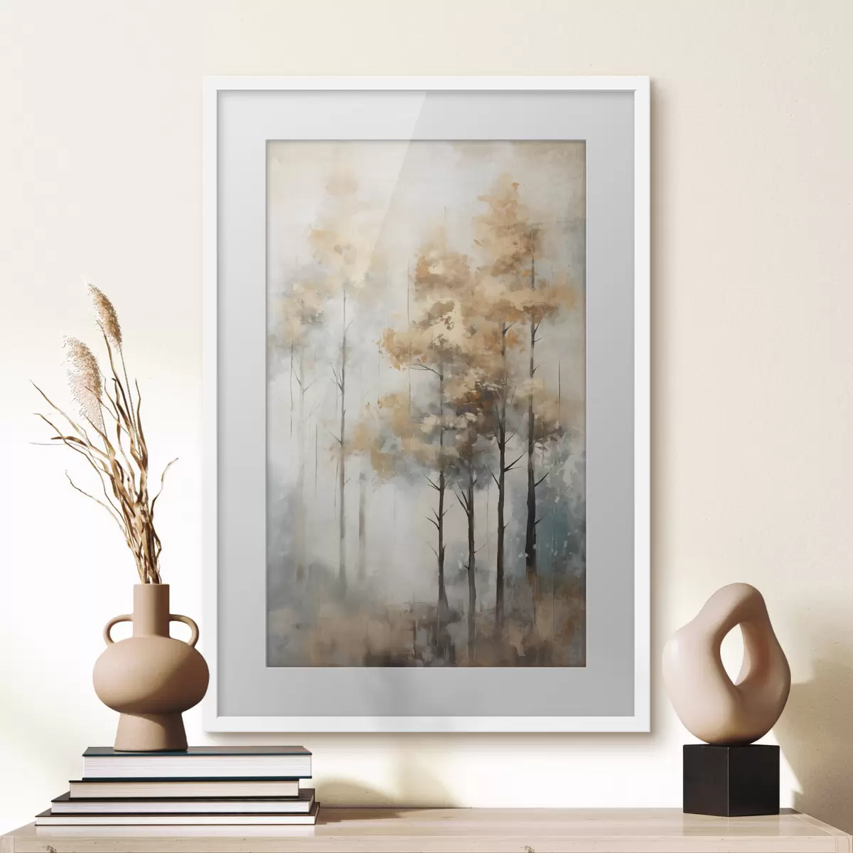 Poster Texturierte hohe Bäume mit gelben Blättern in einem Wald, der Hintergrund ist eine Mischung aus weichen Blau- und Brauntönen f45187