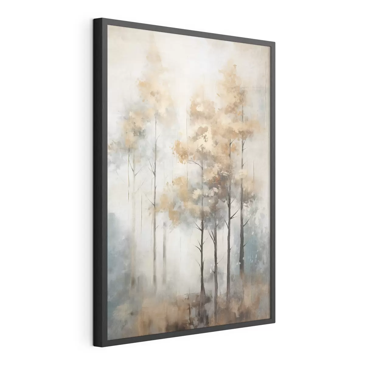 Poster Texturierte hohe Bäume mit gelben Blättern in einem Wald, der Hintergrund ist eine Mischung aus weichen Blau- und Brauntönen f45187