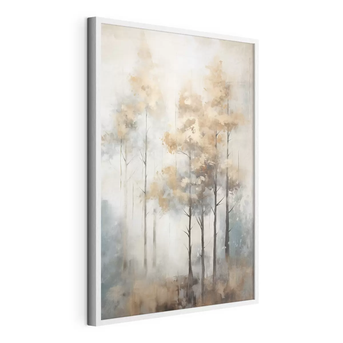 Poster Texturierte hohe Bäume mit gelben Blättern in einem Wald, der Hintergrund ist eine Mischung aus weichen Blau- und Brauntönen f45187