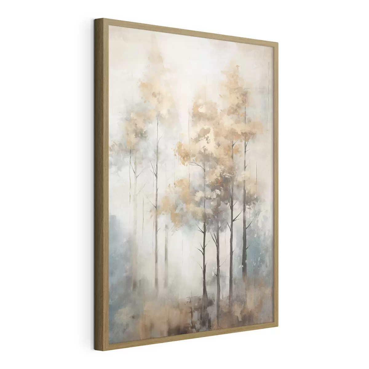 Poster Texturierte hohe Bäume mit gelben Blättern in einem Wald, der Hintergrund ist eine Mischung aus weichen Blau- und Brauntönen f45187