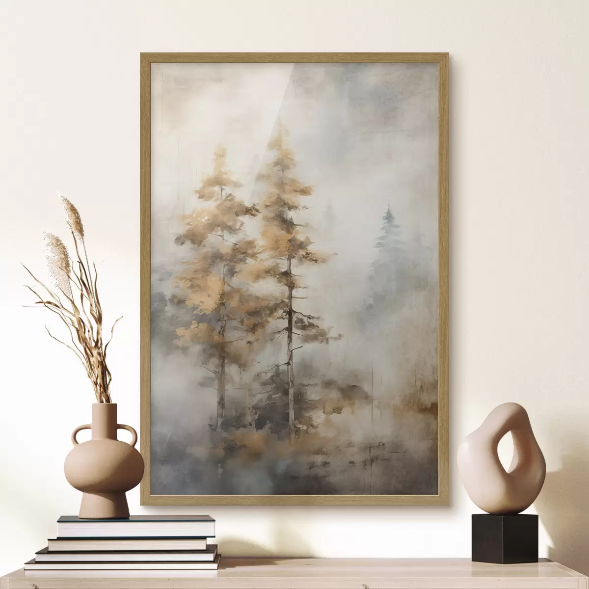 Poster Texturierte hohe Bäume mit gelben Blättern in einem Wald, der Hintergrund ist eine Mischung aus weichen Blau- und Brauntönen f45188
