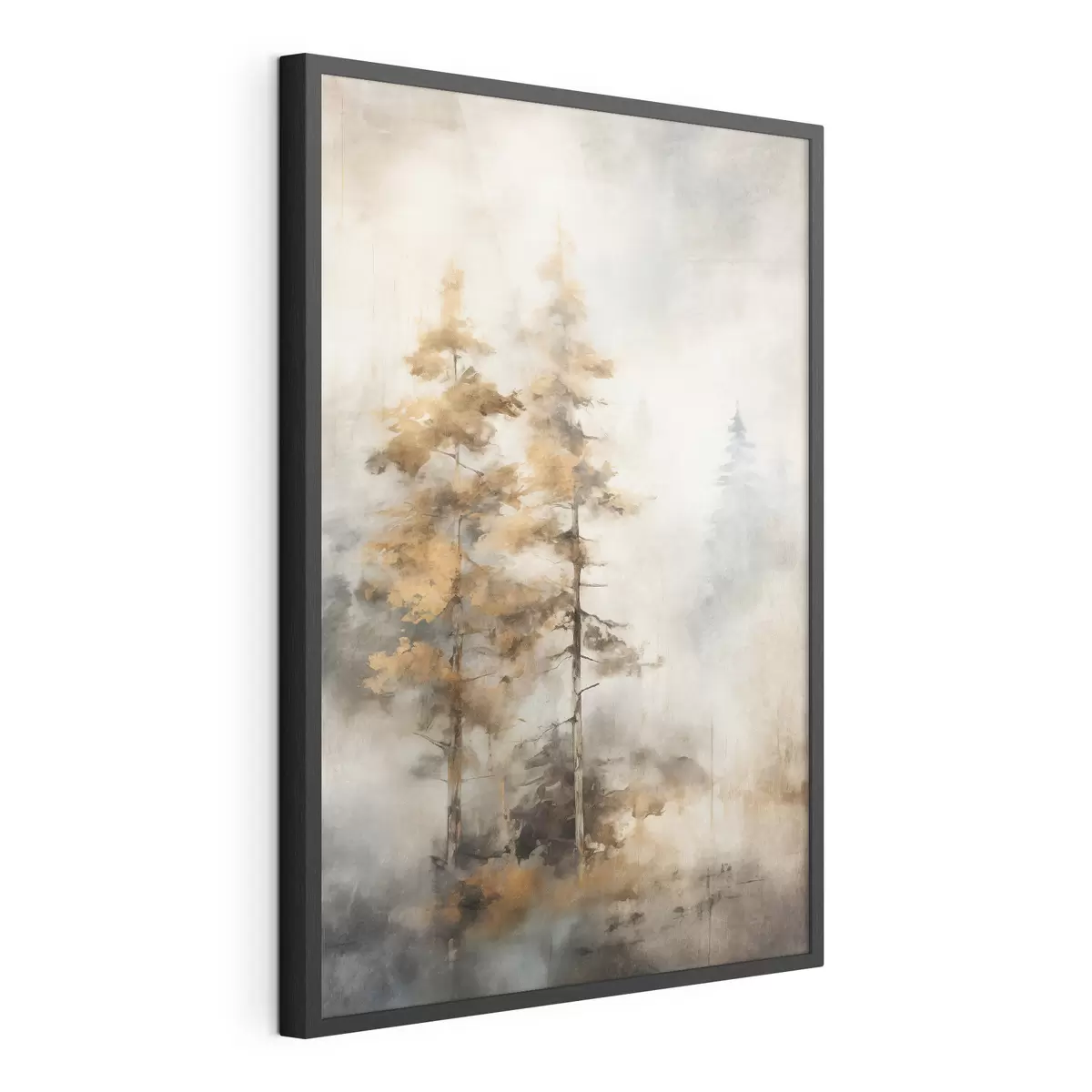 Poster Texturierte hohe Bäume mit gelben Blättern in einem Wald, der Hintergrund ist eine Mischung aus weichen Blau- und Brauntönen f45188