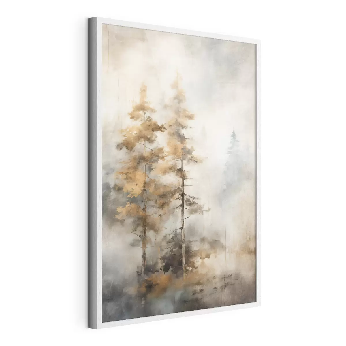 Poster Texturierte hohe Bäume mit gelben Blättern in einem Wald, der Hintergrund ist eine Mischung aus weichen Blau- und Brauntönen f45188