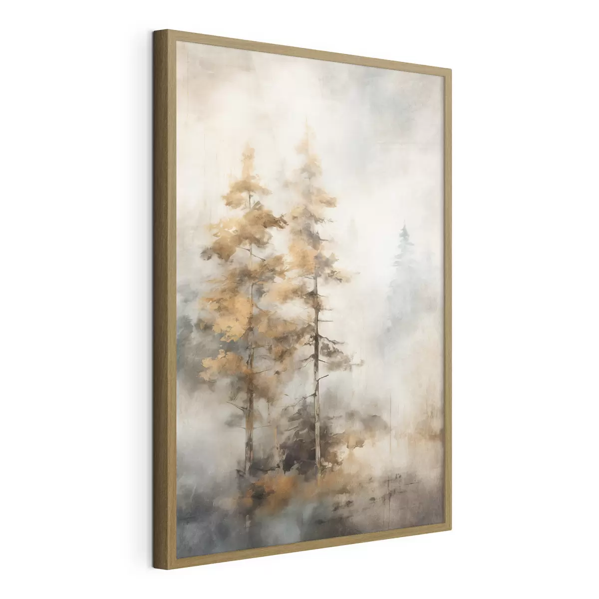 Poster Texturierte hohe Bäume mit gelben Blättern in einem Wald, der Hintergrund ist eine Mischung aus weichen Blau- und Brauntönen f45188